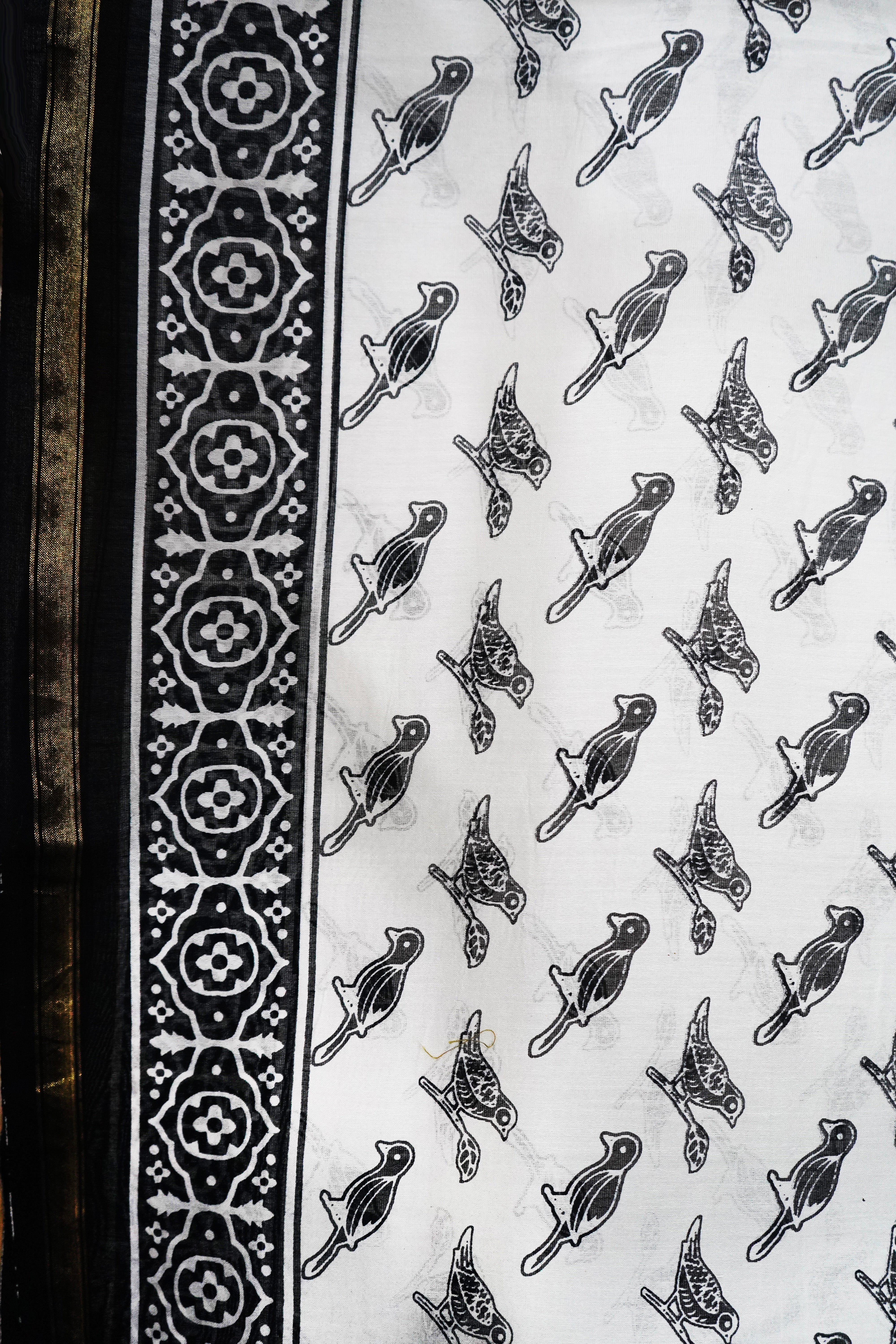 Black & White Chanderi Cotton Silk Artistic Bird Pattern Block Print Saree with Blouse Piece