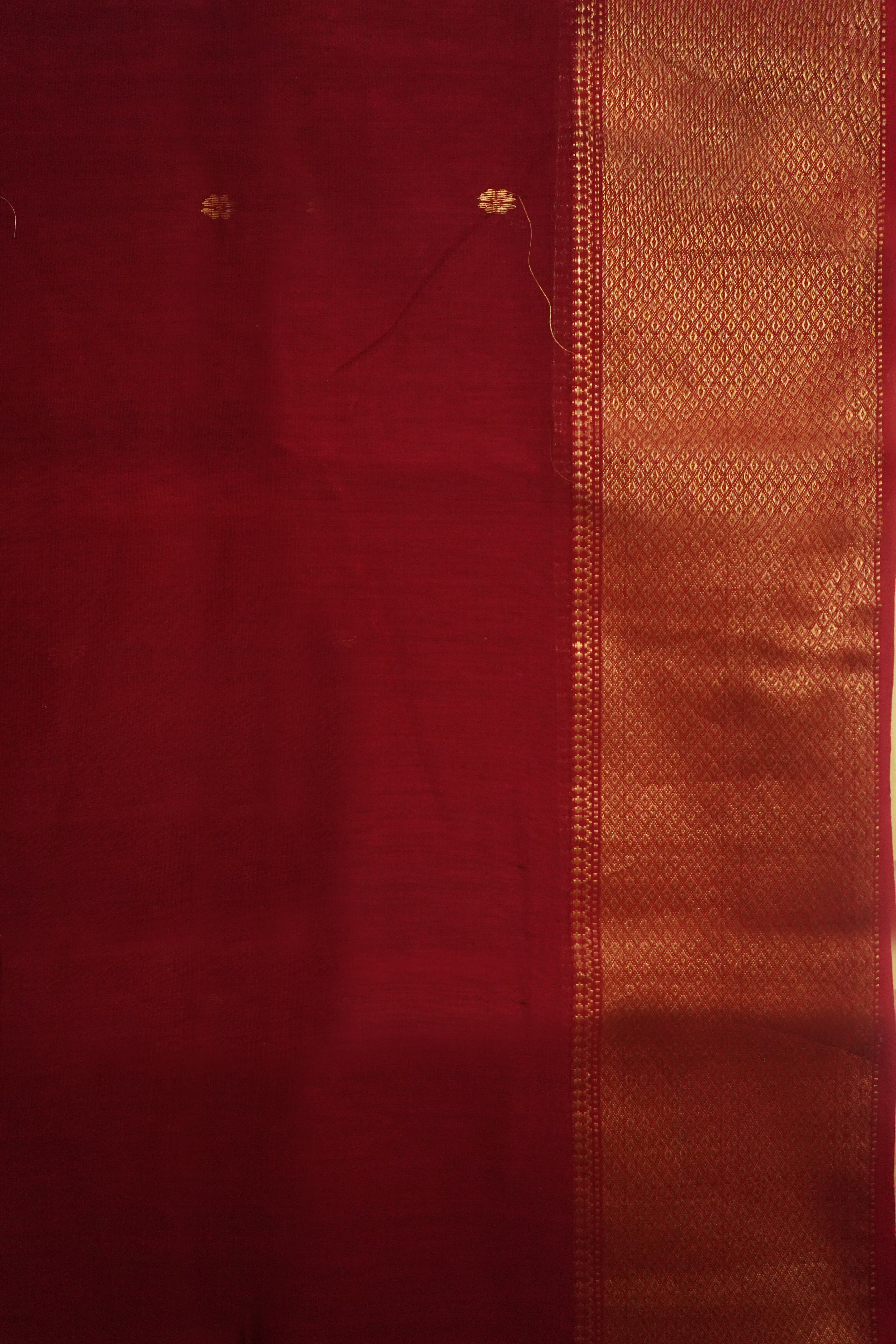 Ruby Red Maheshwari Saree with Zari Border & Golden Booti