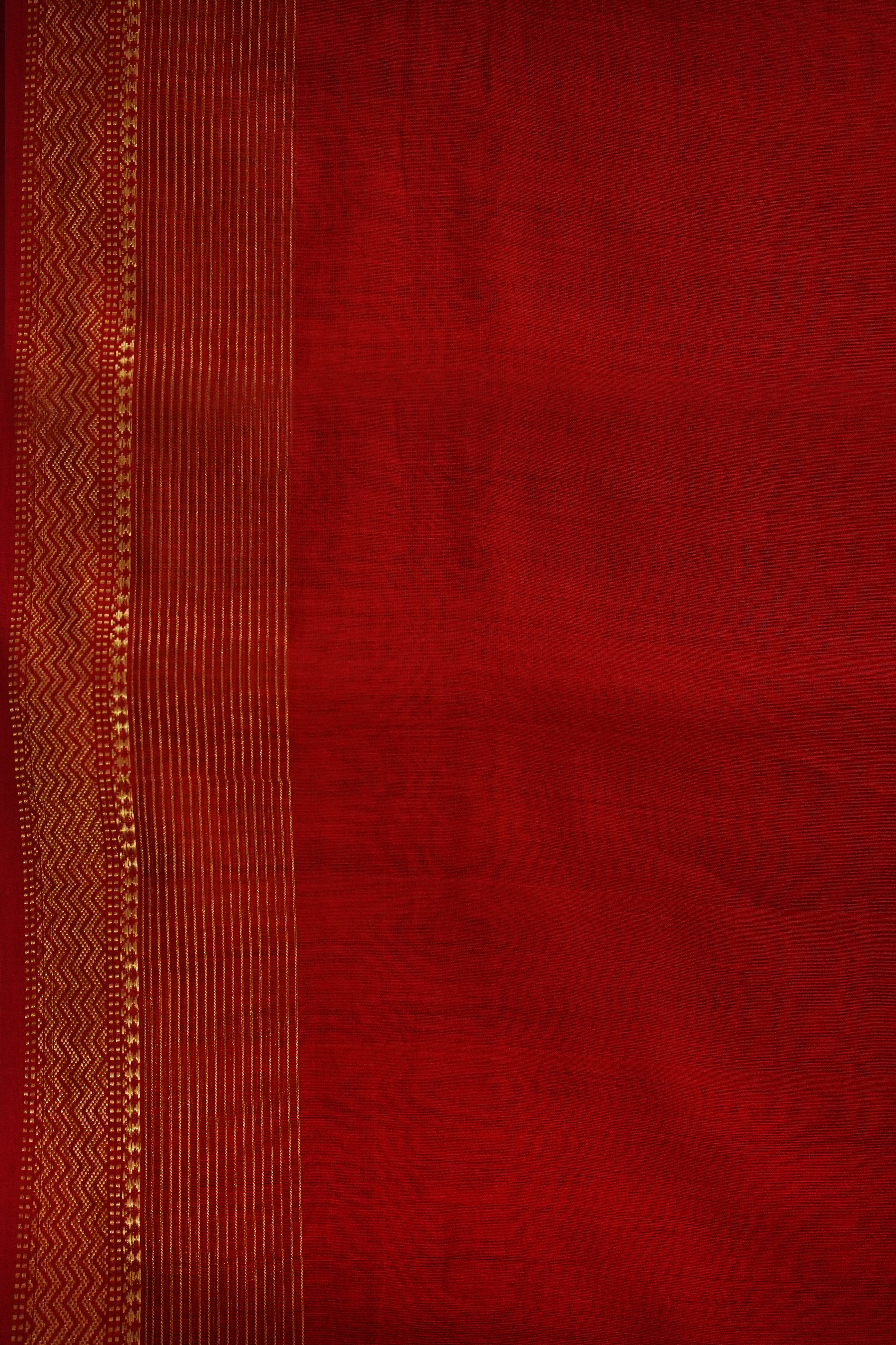 Ruby Red Maheshwari Saree with Zari Border & Golden Booti