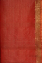 Coral Peach Maheshwari Silk Cotton Saree with Golden Zari Border & Striped Pallu |