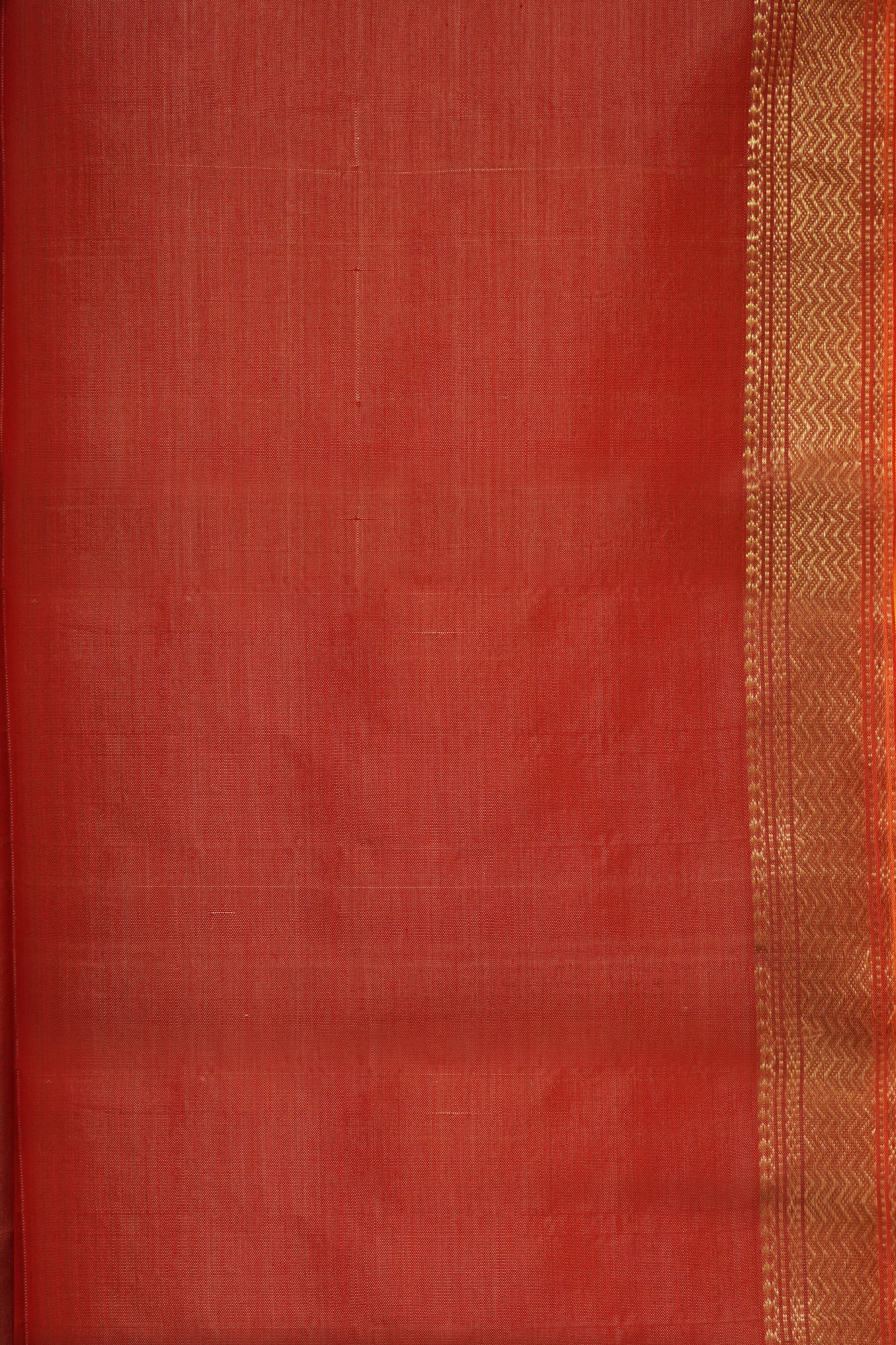 Coral Peach Maheshwari Silk Cotton Saree with Golden Zari Border & Striped Pallu |