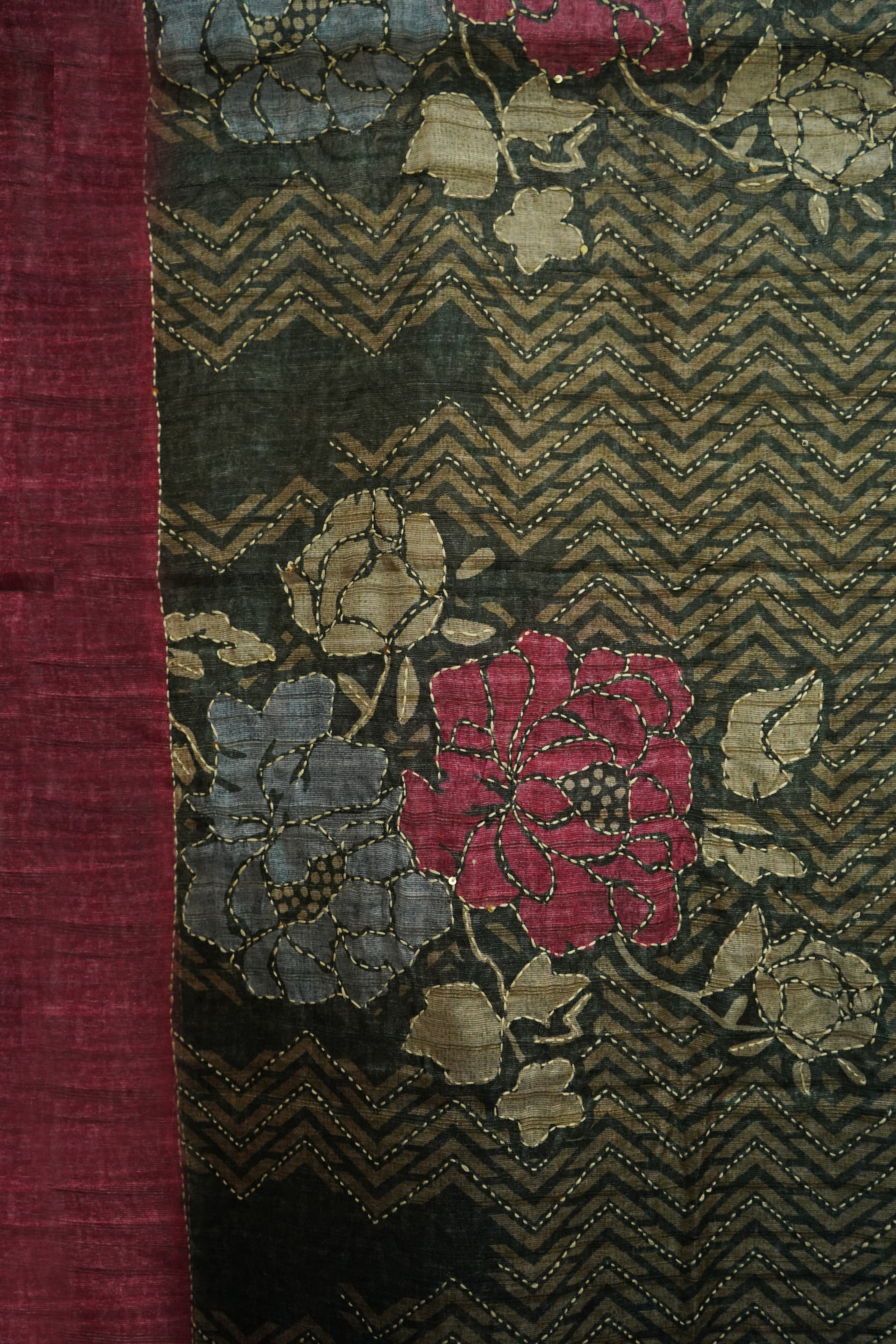 Pure Kosa Silk Saree with Hand Kantha Work