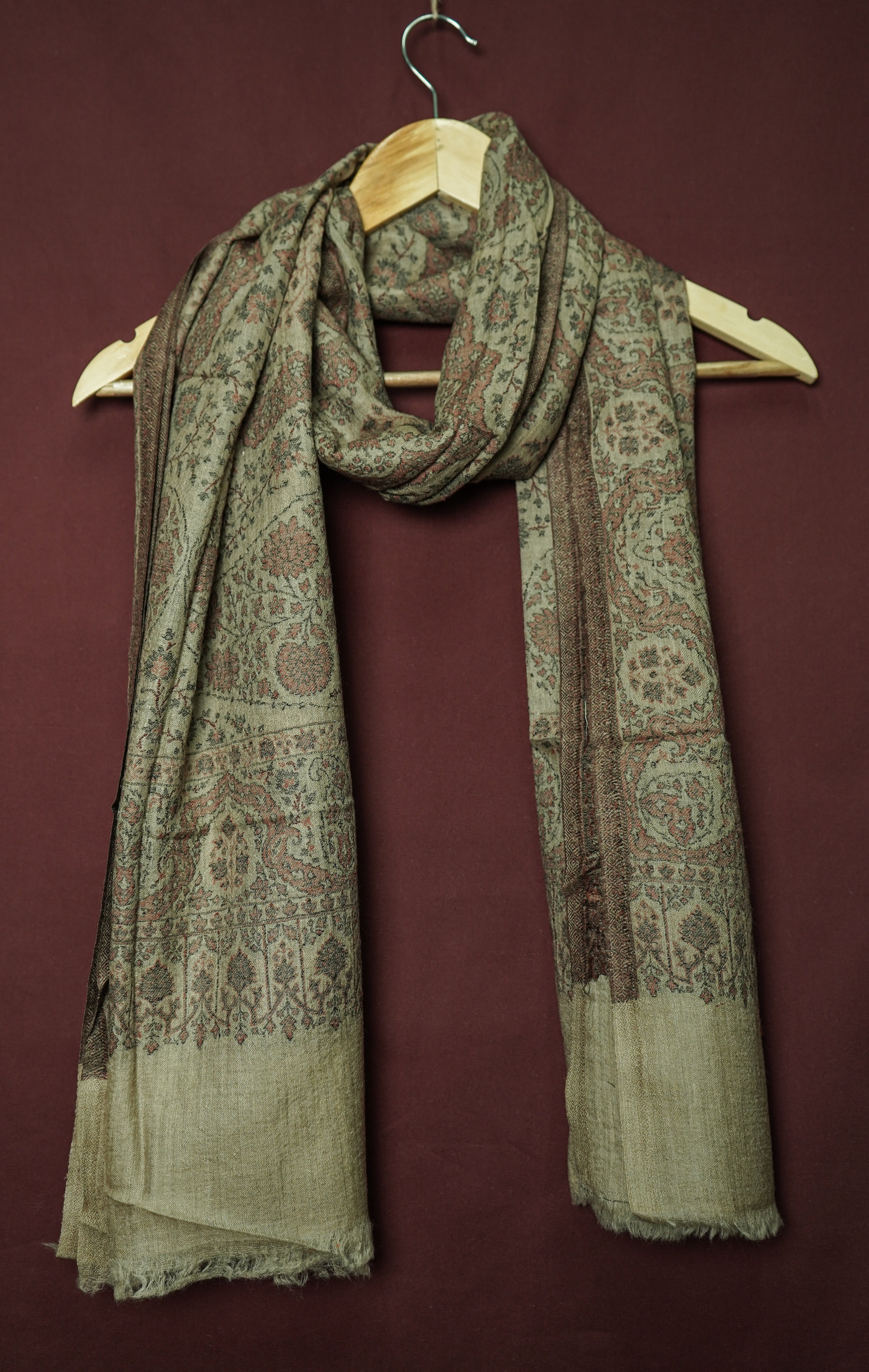 Pure Pashmina Handwoven Beige Brown Kani Work Shawl