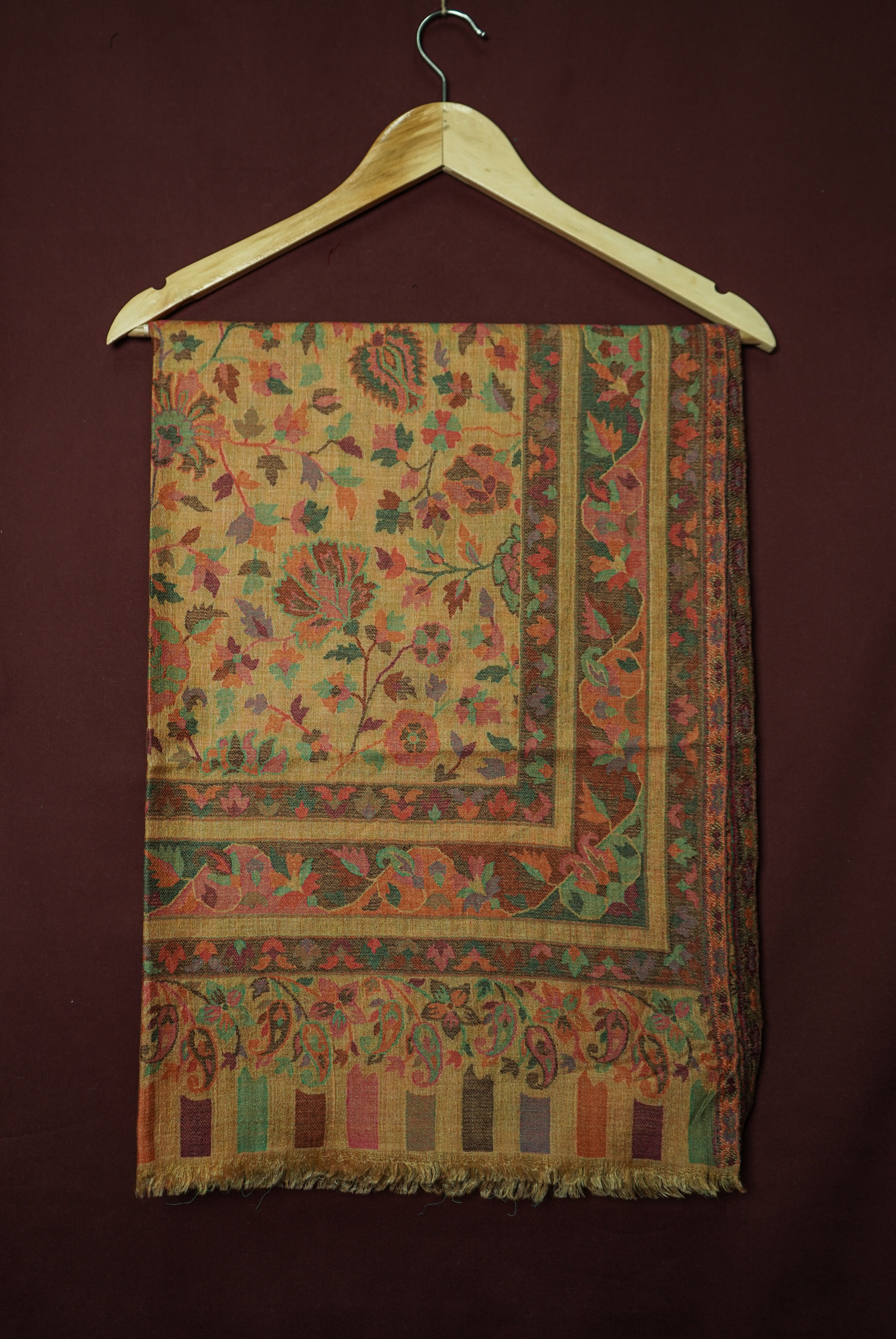 Handwoven Pure Kashmiri Pashmina Kani Work Shawl – Golden Yellow with Multicolour