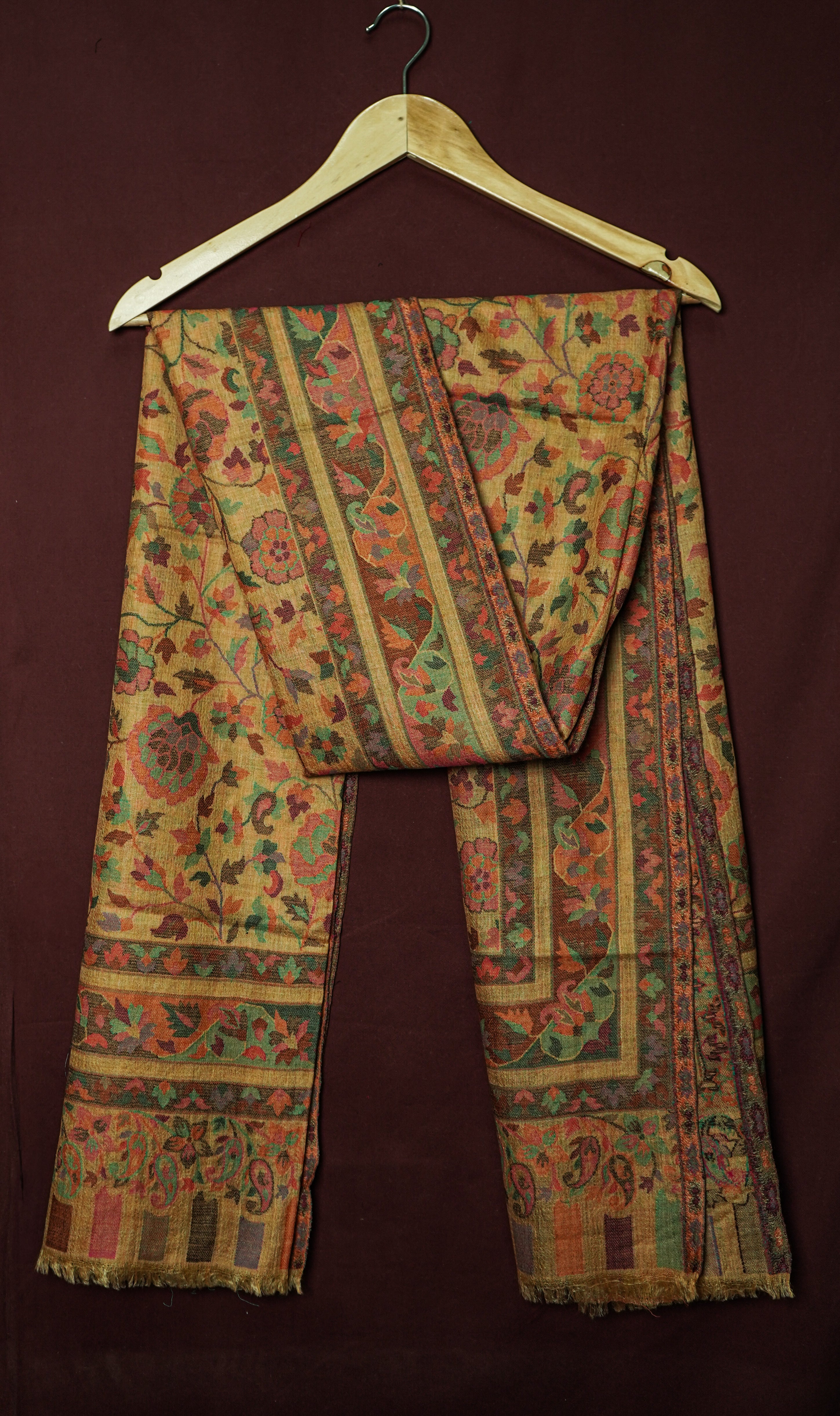 Handwoven Pure Kashmiri Pashmina Kani Work Shawl – Golden Yellow with Multicolour