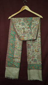 Handwoven Pure Kashmiri Pashmina Kani Work Shawl – Grey with Green Border