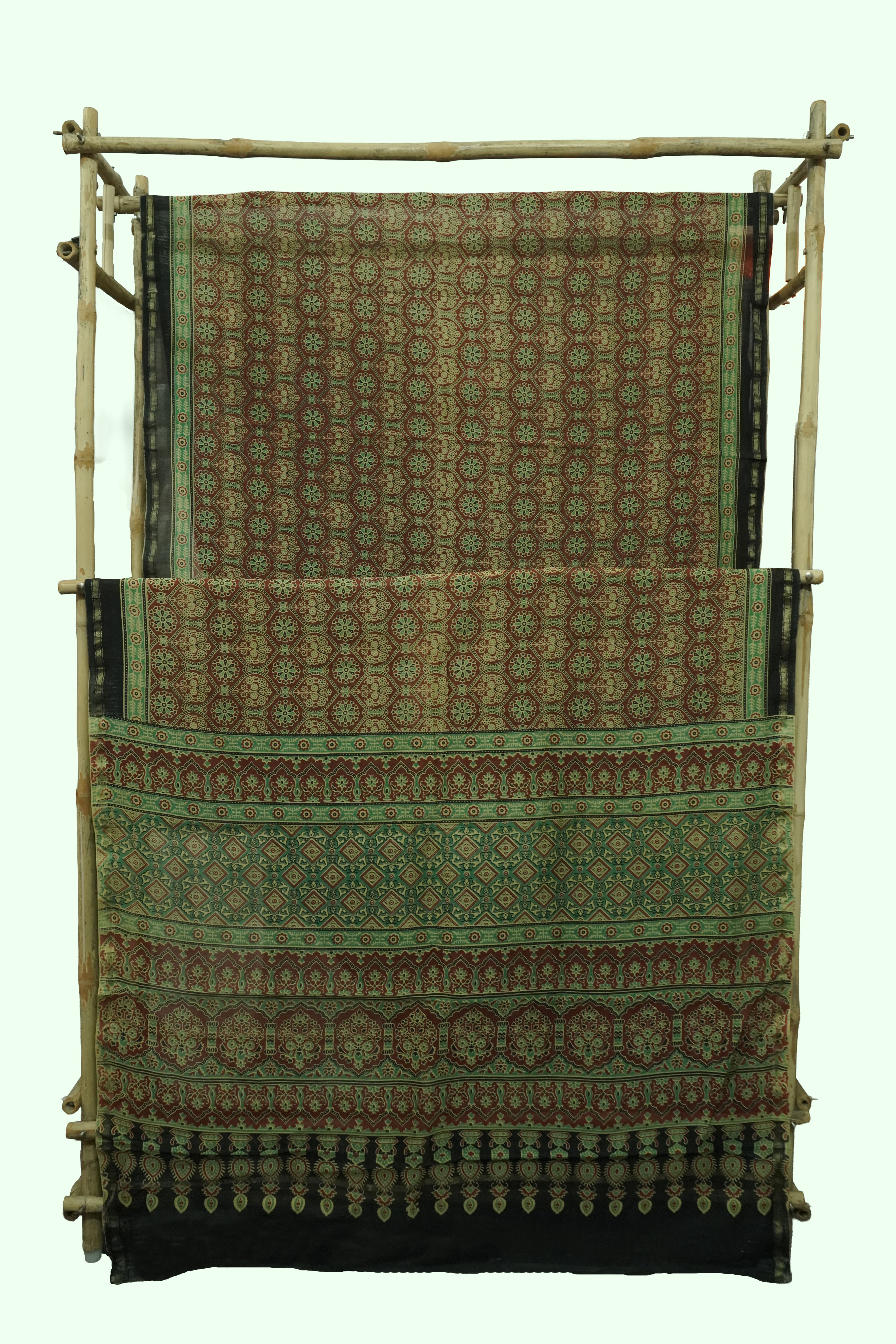 Vintage Olive Green & Rust Chanderi Cotton Silk Ajrak Hand Block Print Saree with Blouse Piece