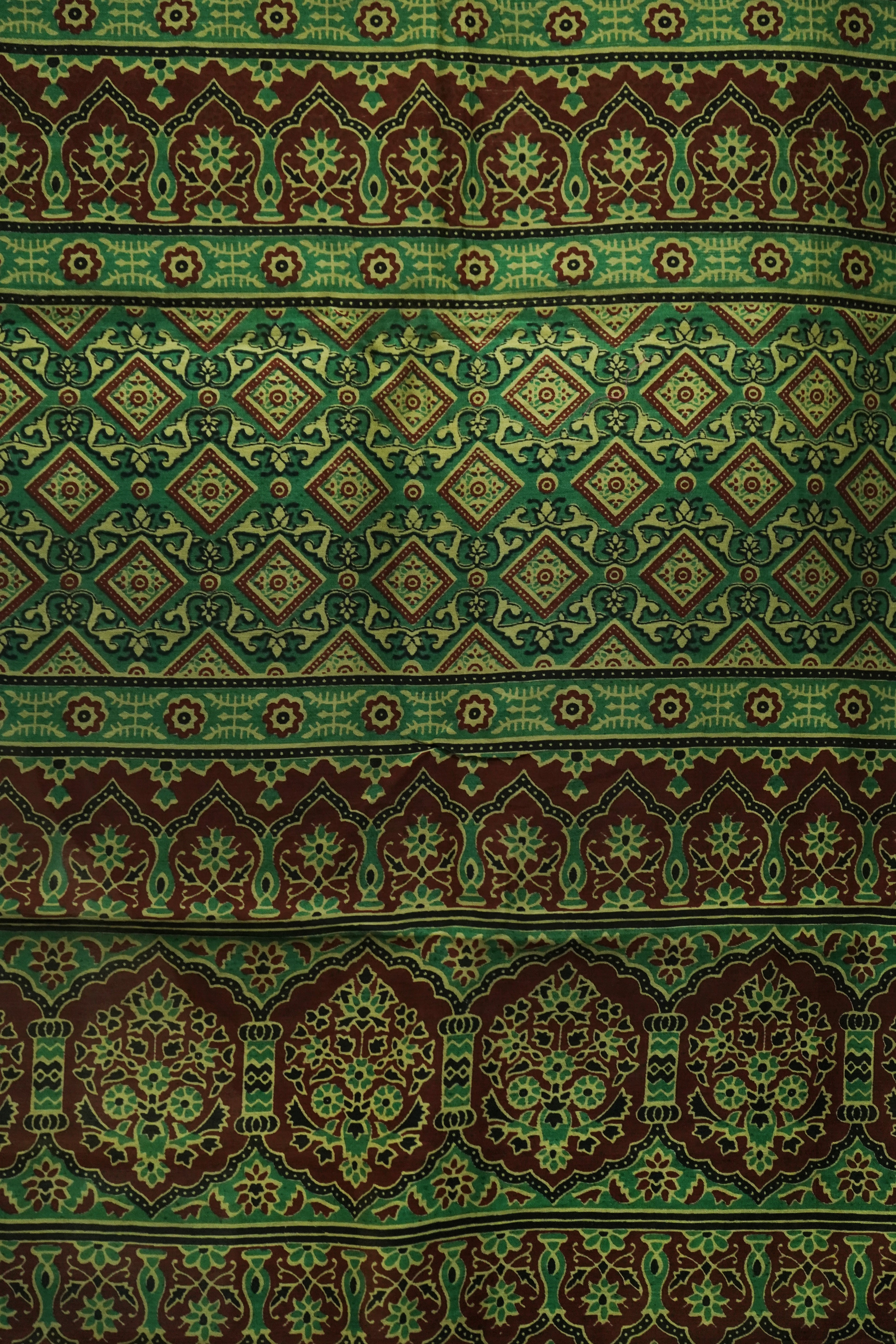 Vintage Olive Green & Rust Chanderi Cotton Silk Ajrak Hand Block Print Saree with Blouse Piece
