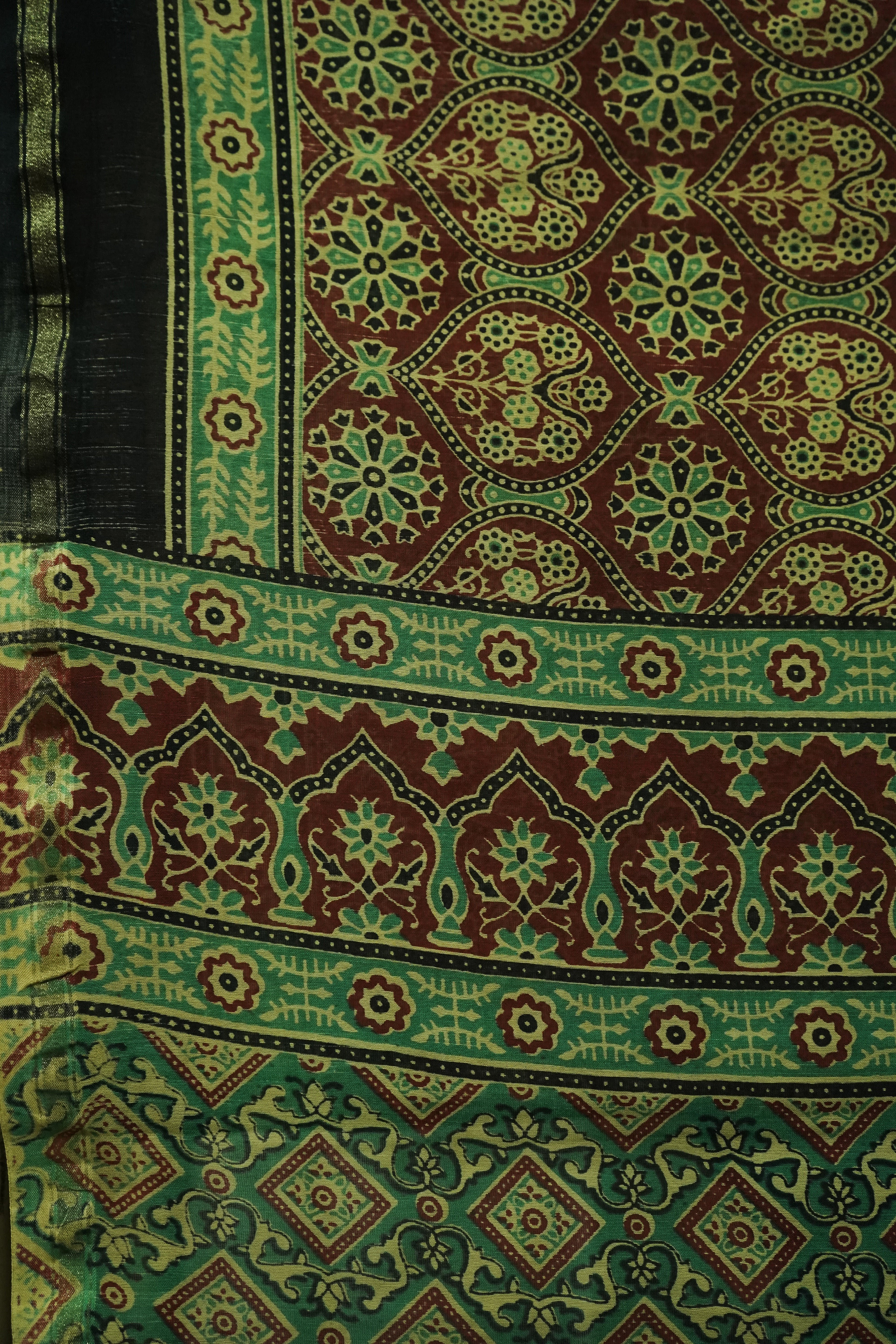 Vintage Olive Green & Rust Chanderi Cotton Silk Ajrak Hand Block Print Saree with Blouse Piece