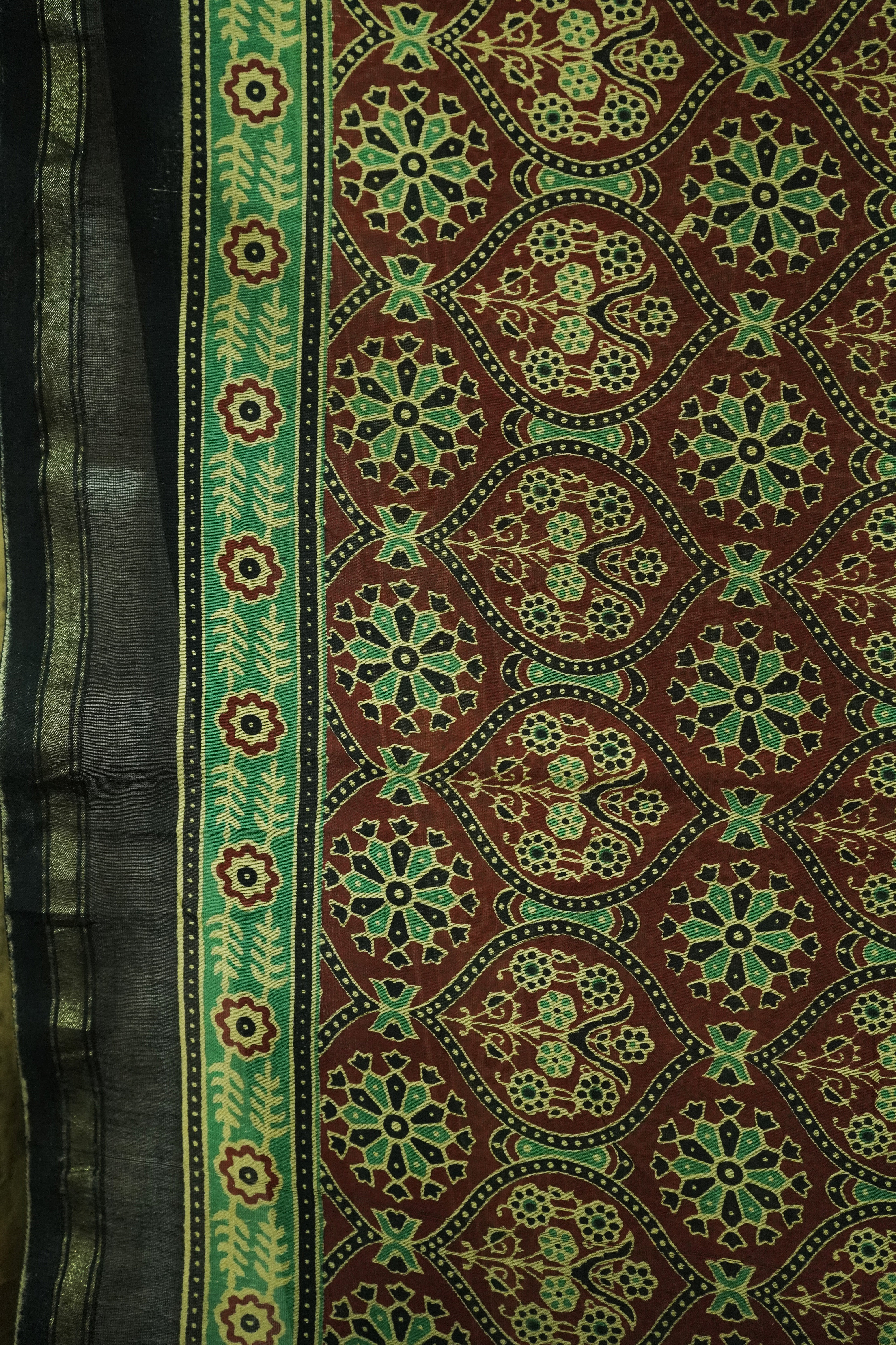 Vintage Olive Green & Rust Chanderi Cotton Silk Ajrak Hand Block Print Saree with Blouse Piece