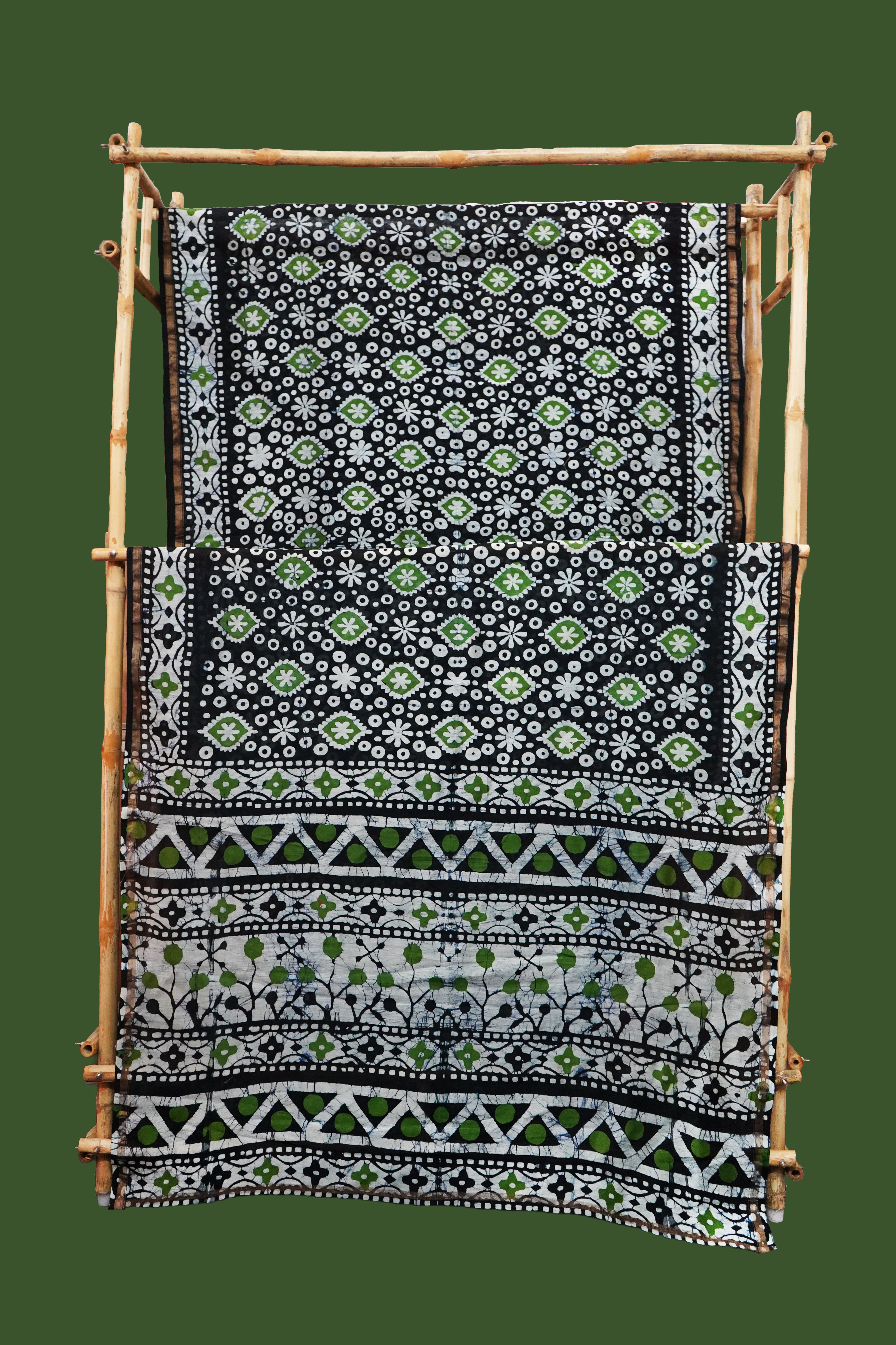 Chanderi Cotton Silk Black & Green Batik Print Saree