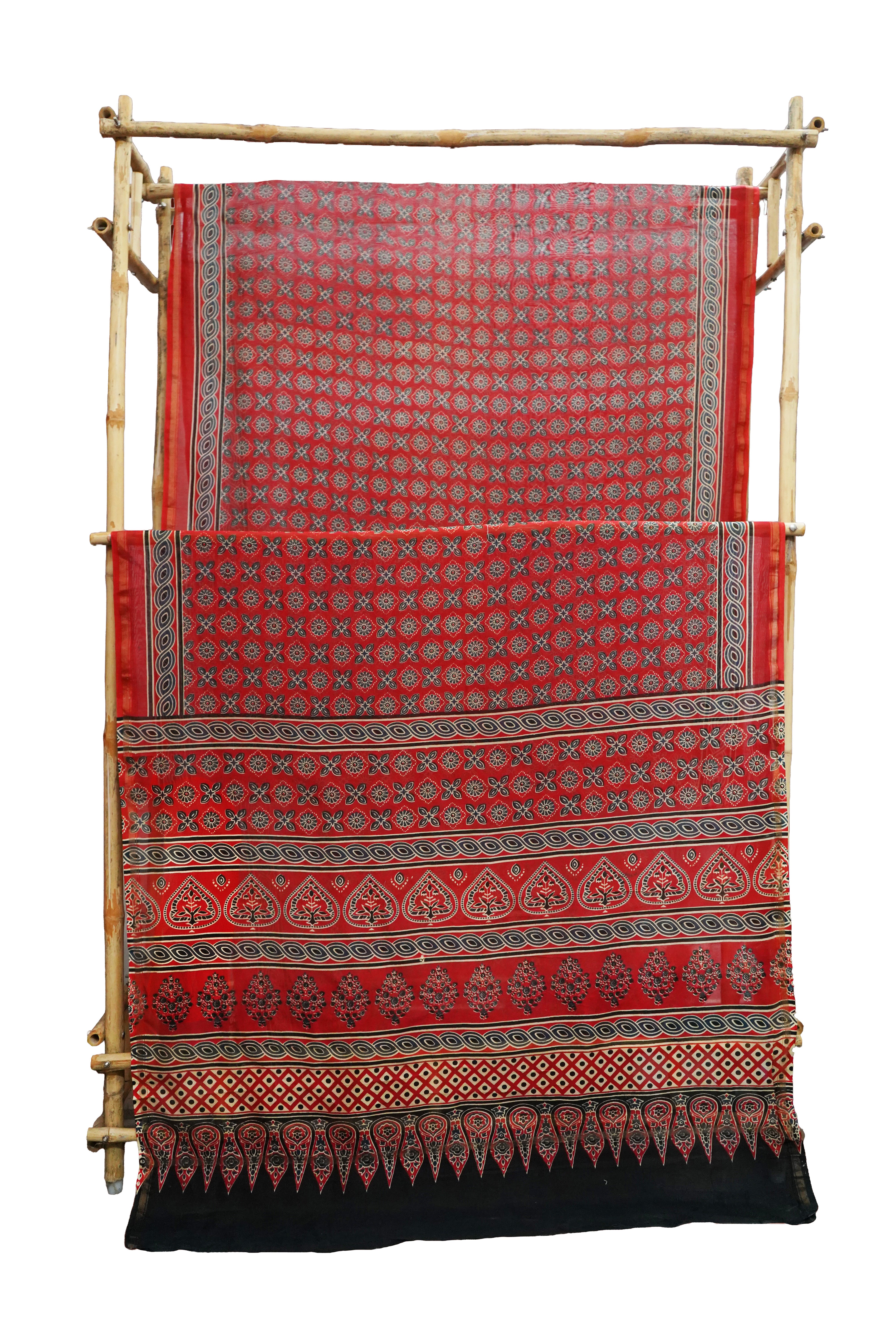 Classic Red & Black Chanderi Cotton Silk Saree with Ajrak Print
