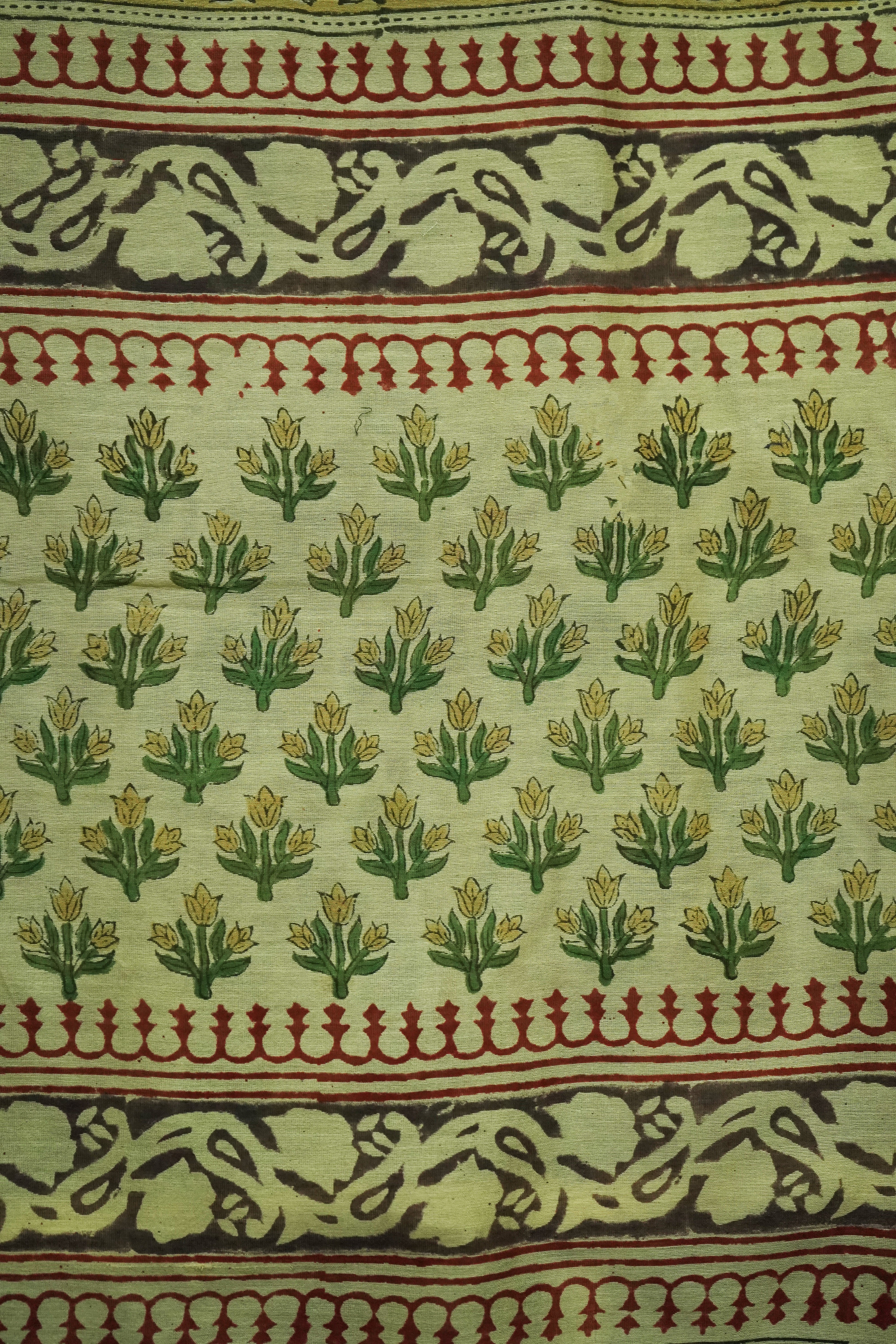 Elegant Beige & Olive Green Chanderi Cotton Silk Saree with Kalamkari Print