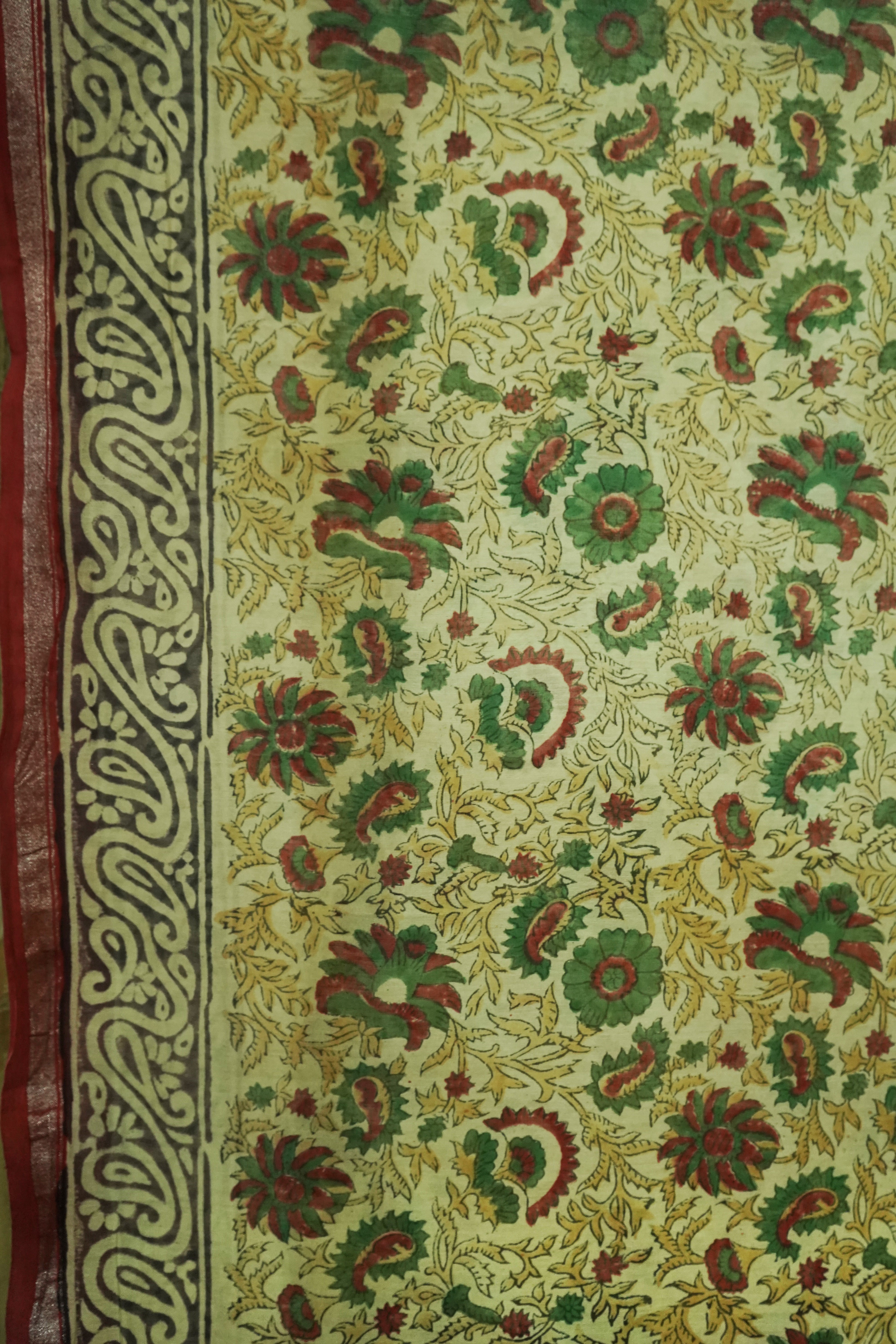 Elegant Beige & Olive Green Chanderi Cotton Silk Saree with Kalamkari Print