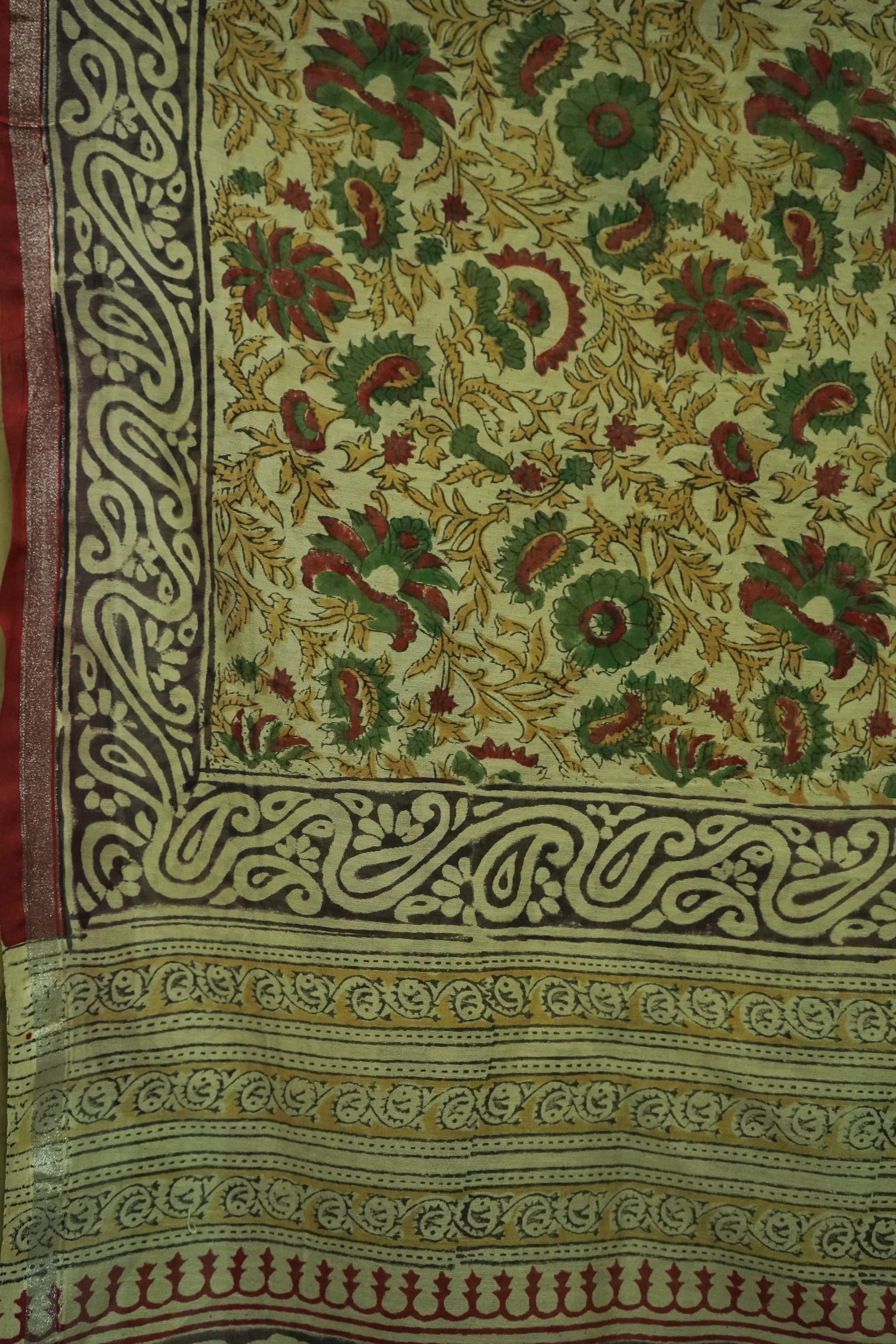 Elegant Beige & Olive Green Chanderi Cotton Silk Saree with Kalamkari Print