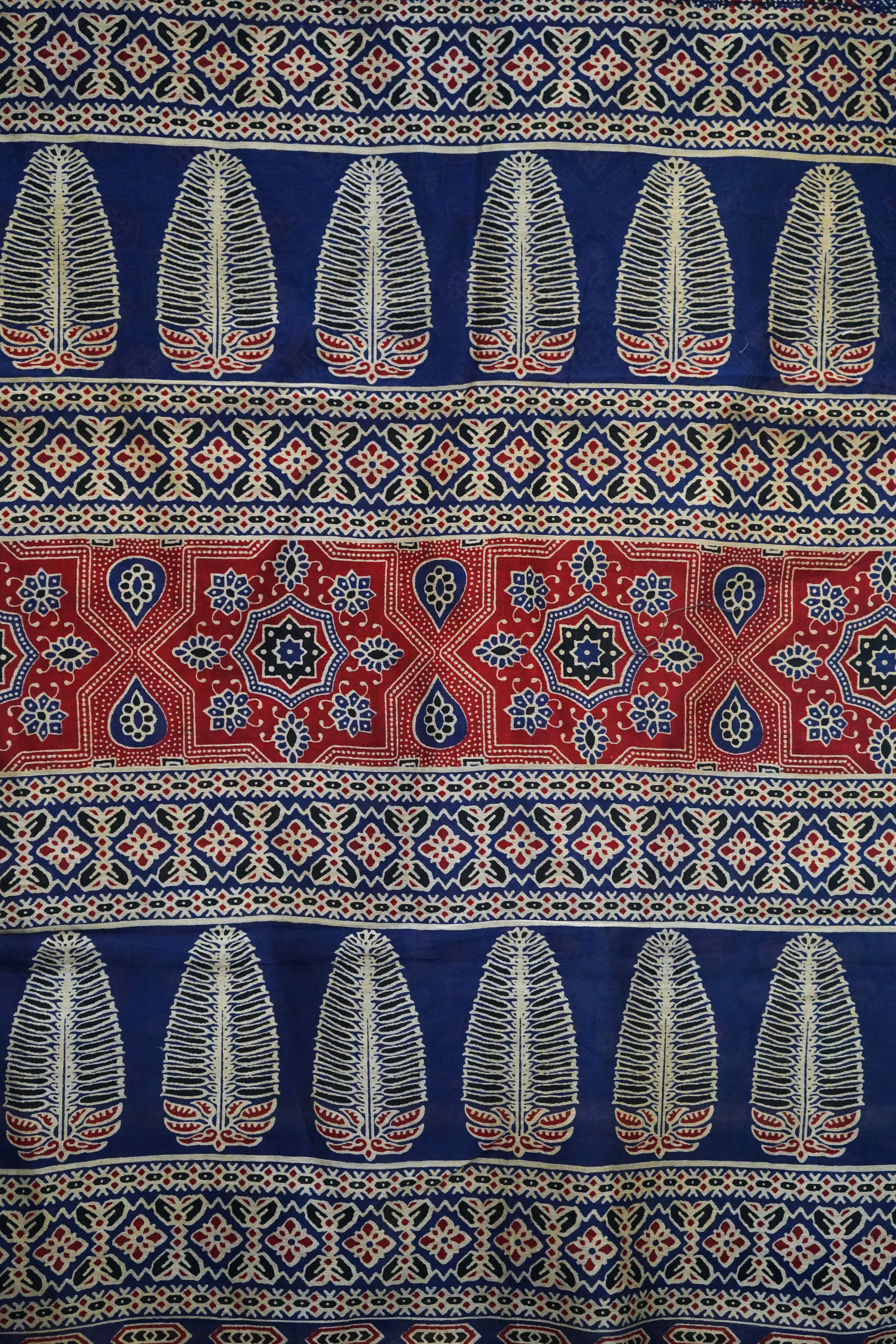 Regal Indigo Blue & Rust Chanderi Cotton Silk Saree Heritage Ajrak Print Design Saree with Blouse Piece