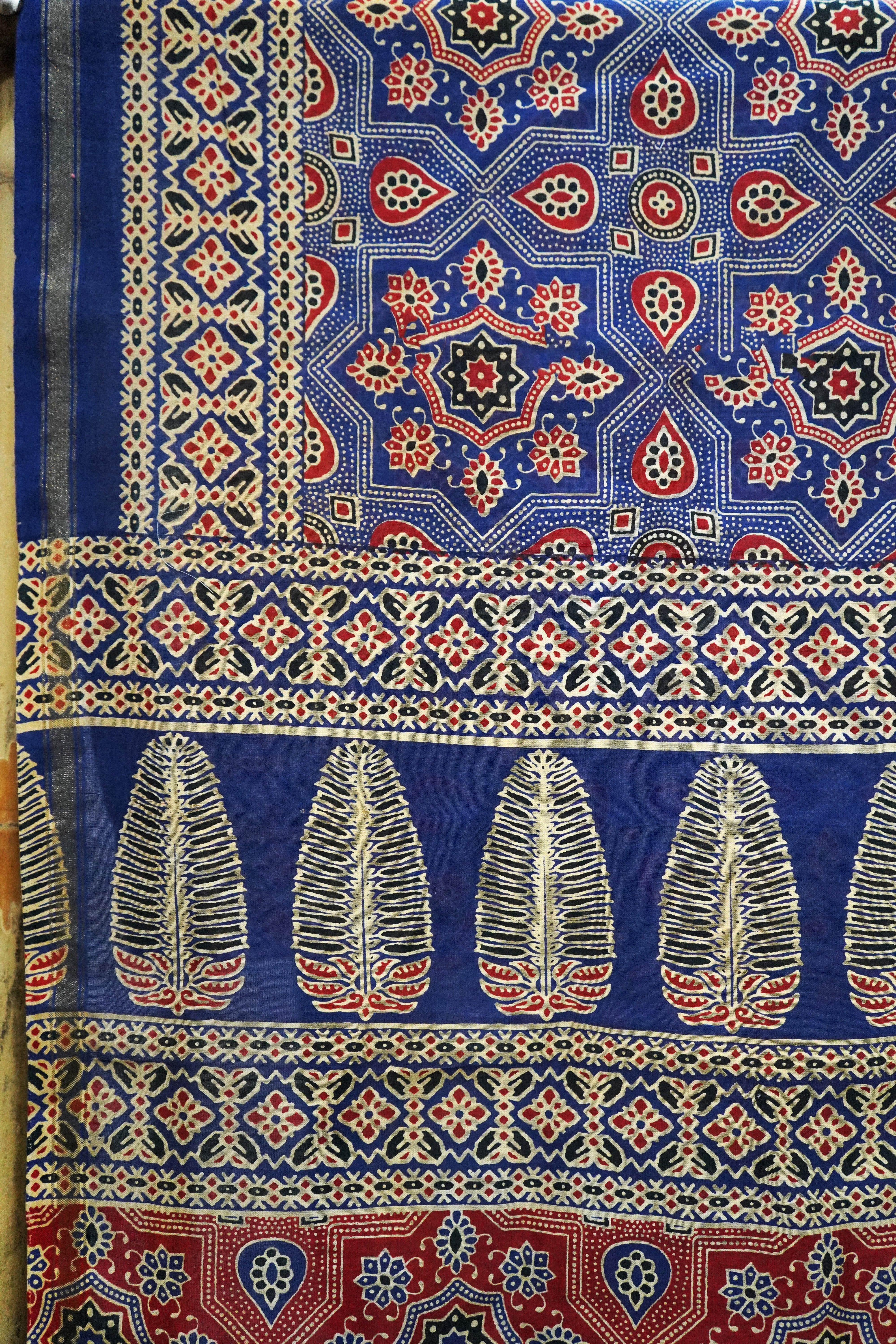 Regal Indigo Blue & Rust Chanderi Cotton Silk Saree Heritage Ajrak Print Design Saree with Blouse Piece