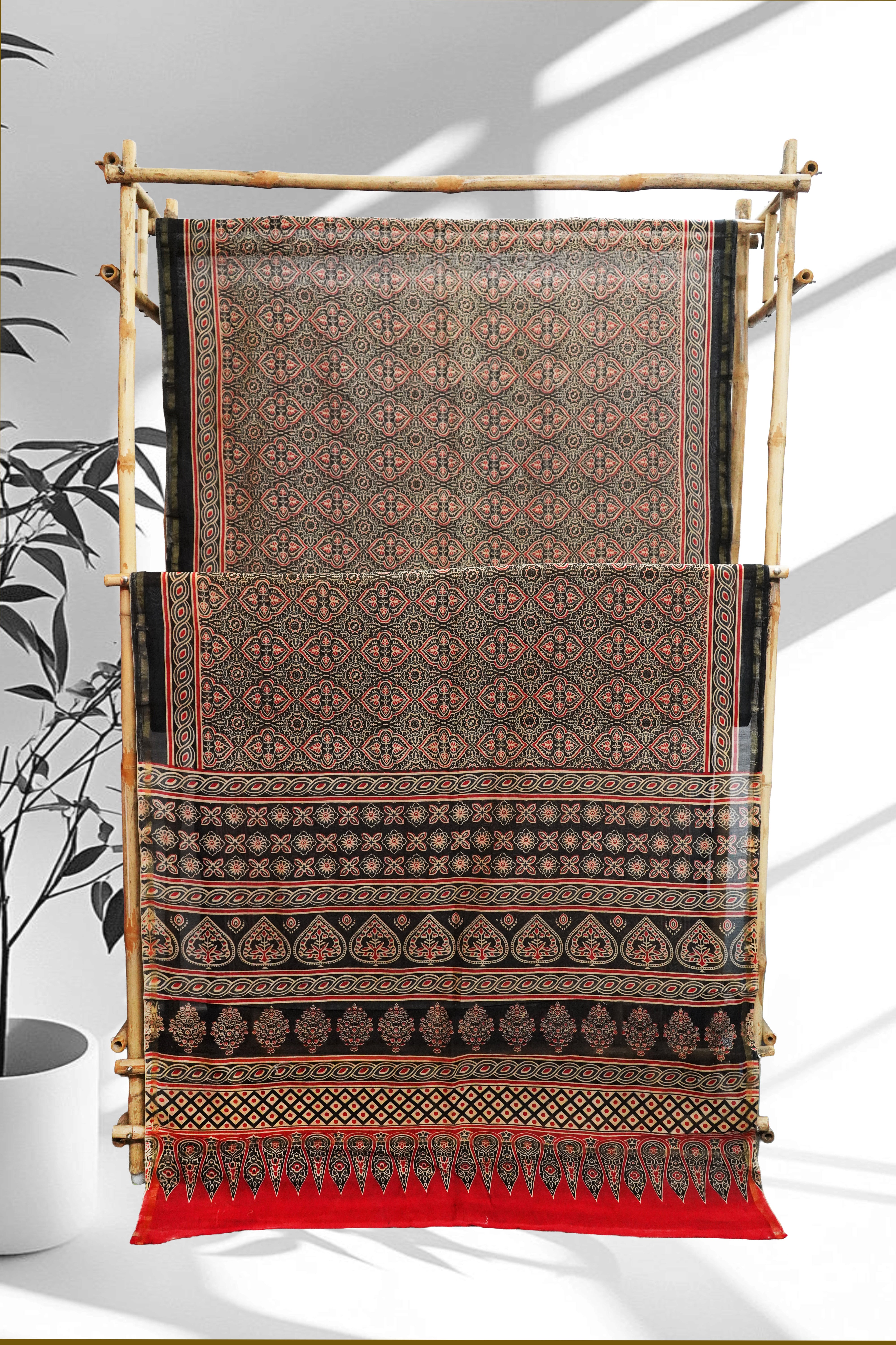 Bold Black & Crimson Red Chanderi Cotton Silk Traditional Ajrak Print Design Saree with Blouse Piece
