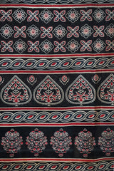 Bold Black & Crimson Red Chanderi Cotton Silk Traditional Ajrak Print Design Saree with Blouse Piece