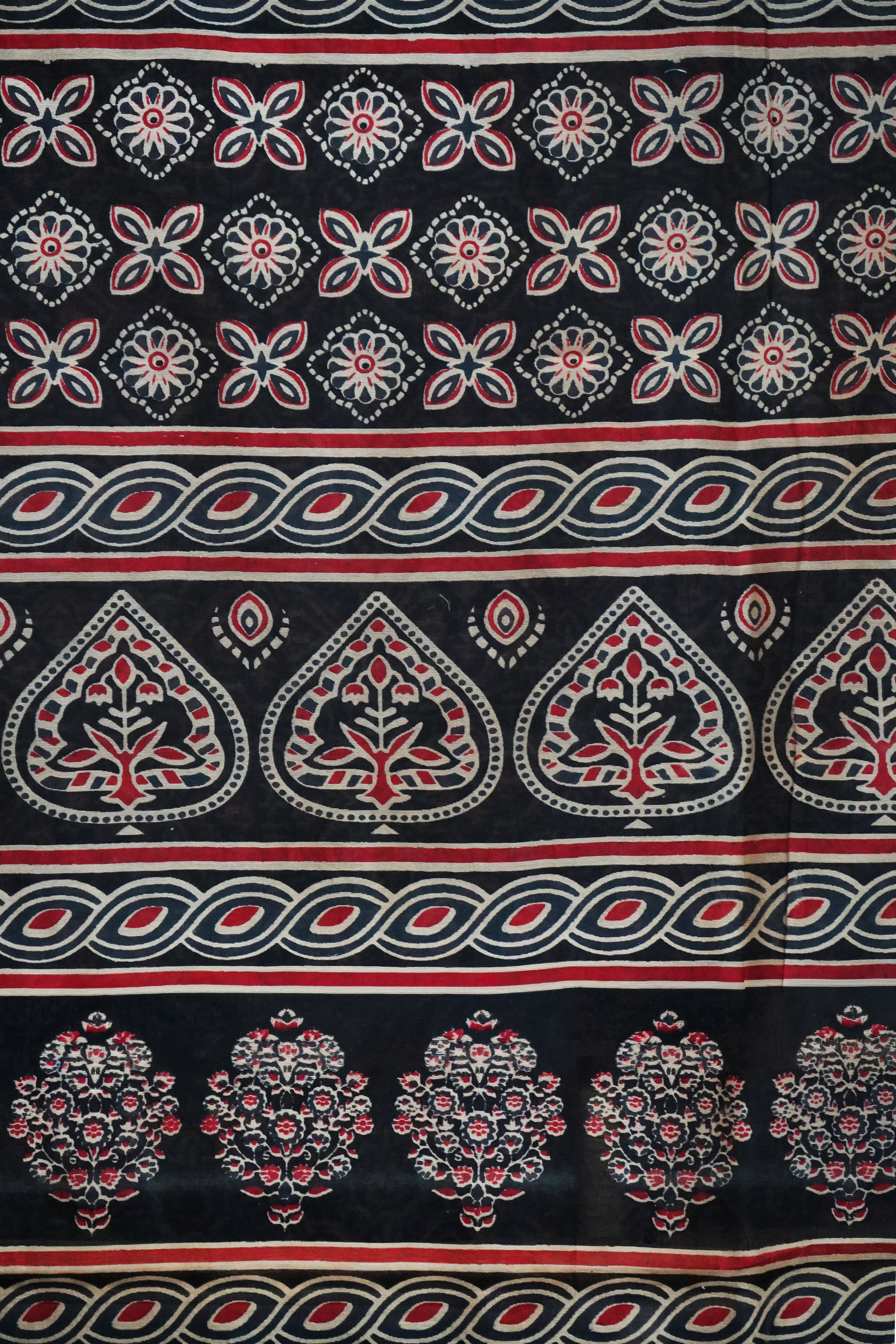 Bold Black & Crimson Red Chanderi Cotton Silk Traditional Ajrak Print Design Saree with Blouse Piece