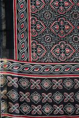 Bold Black & Crimson Red Chanderi Cotton Silk Traditional Ajrak Print Design Saree with Blouse Piece