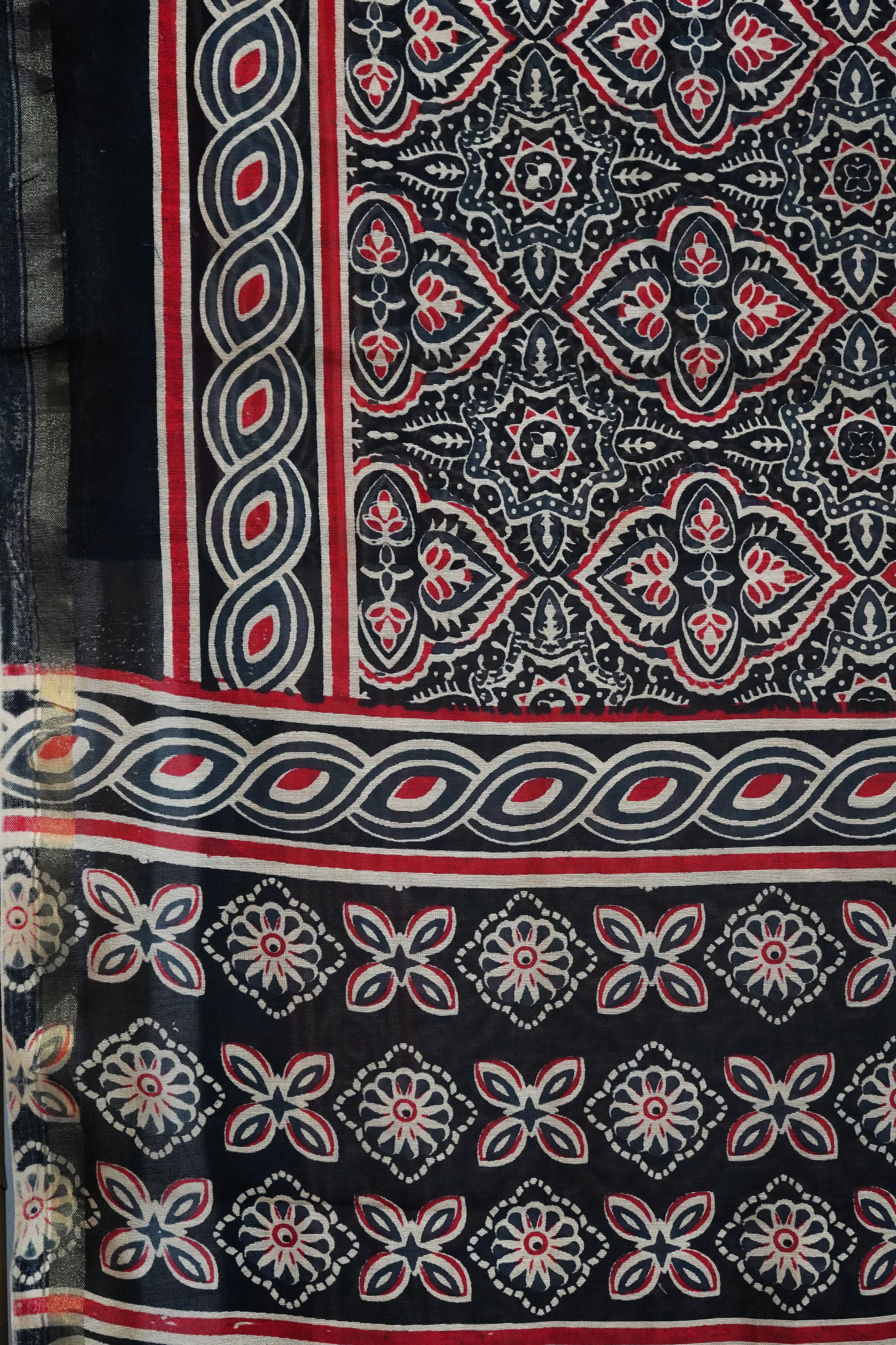 Bold Black & Crimson Red Chanderi Cotton Silk Traditional Ajrak Print Design Saree with Blouse Piece