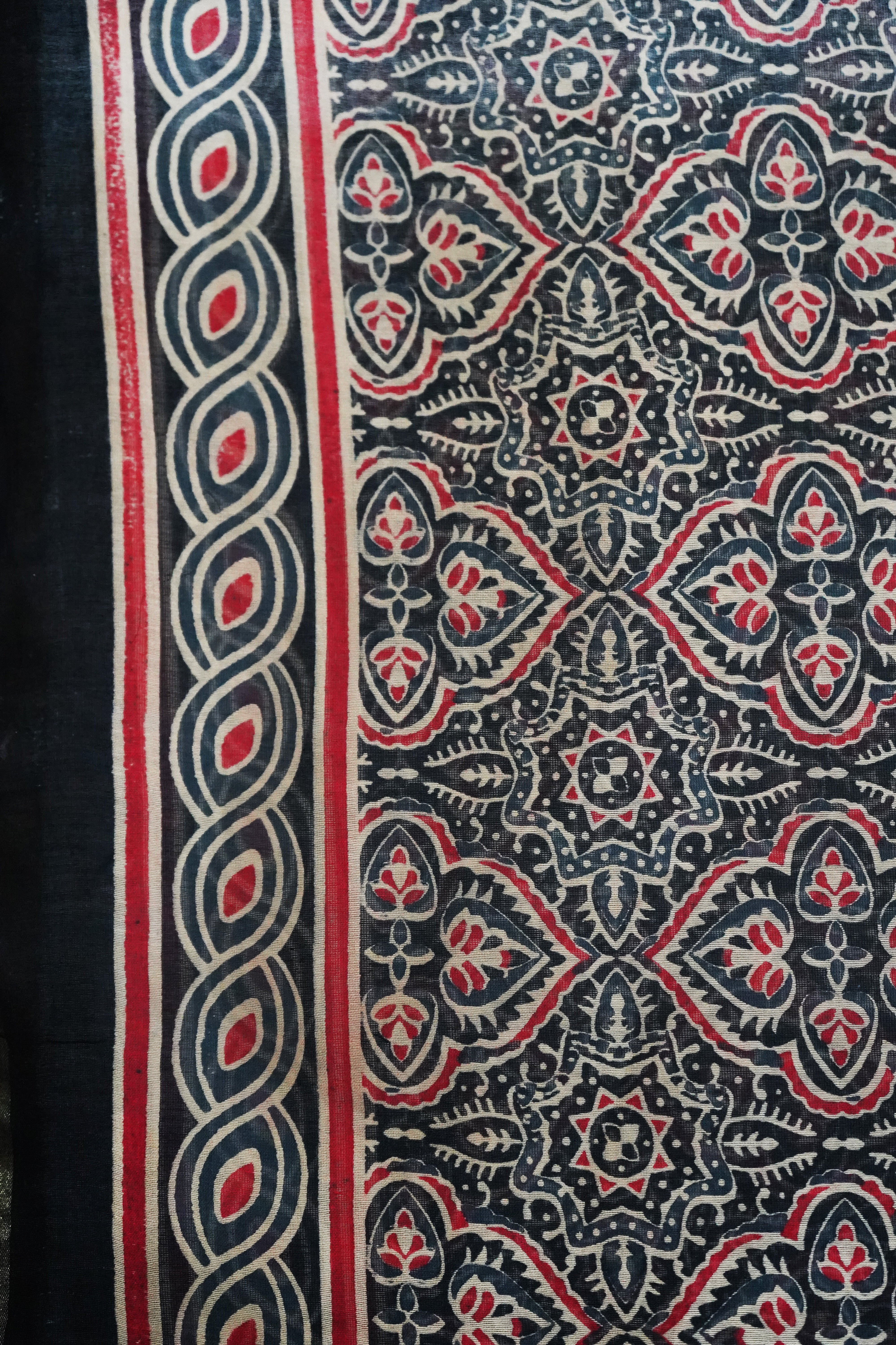 Bold Black & Crimson Red Chanderi Cotton Silk Traditional Ajrak Print Design Saree with Blouse Piece