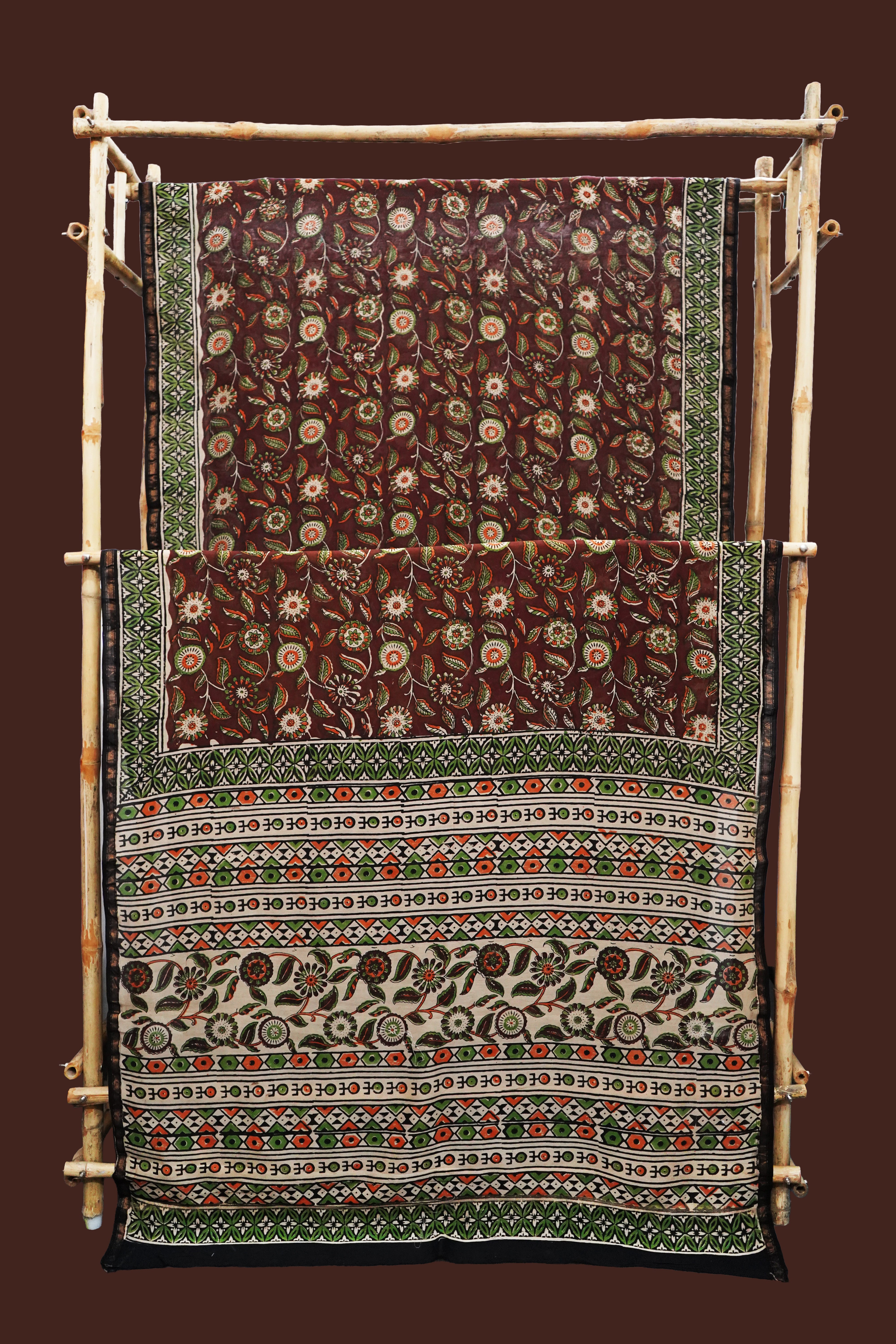 Exquisite Deep Maroon & Olive Green Chanderi Cotton Silk Saree with Blouse Piece