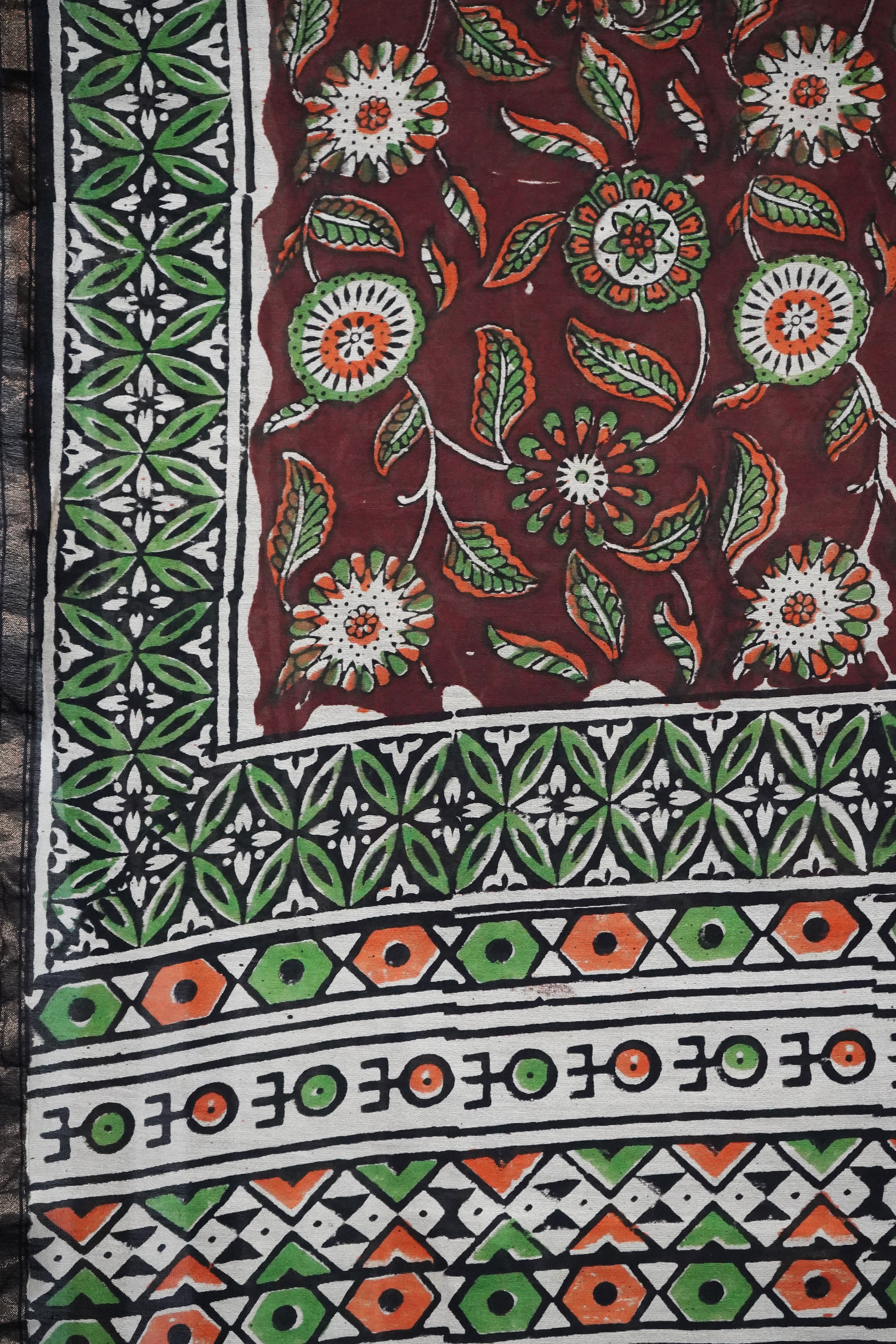 Exquisite Deep Maroon & Olive Green Chanderi Cotton Silk Saree with Blouse Piece