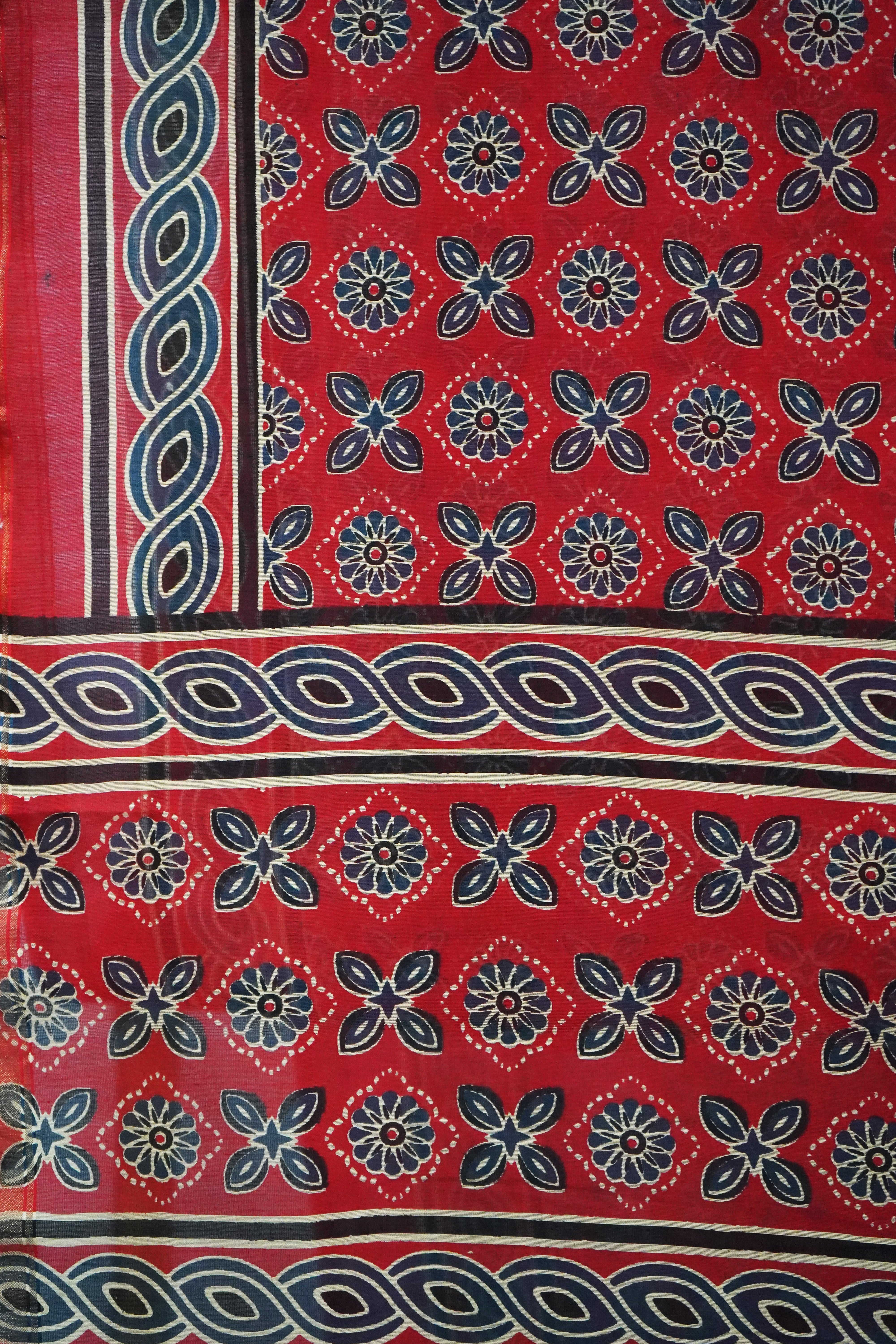 Classic Red & Black Chanderi Cotton Silk Saree with Ajrak Print