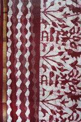 Elegant Maroon & White Batik Print Chanderi Cotton Silk Saree with Blouse Piece