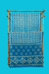Elegant Sky Blue & White Batik Print Chanderi Cotton Silk Saree with Blouse Piece (