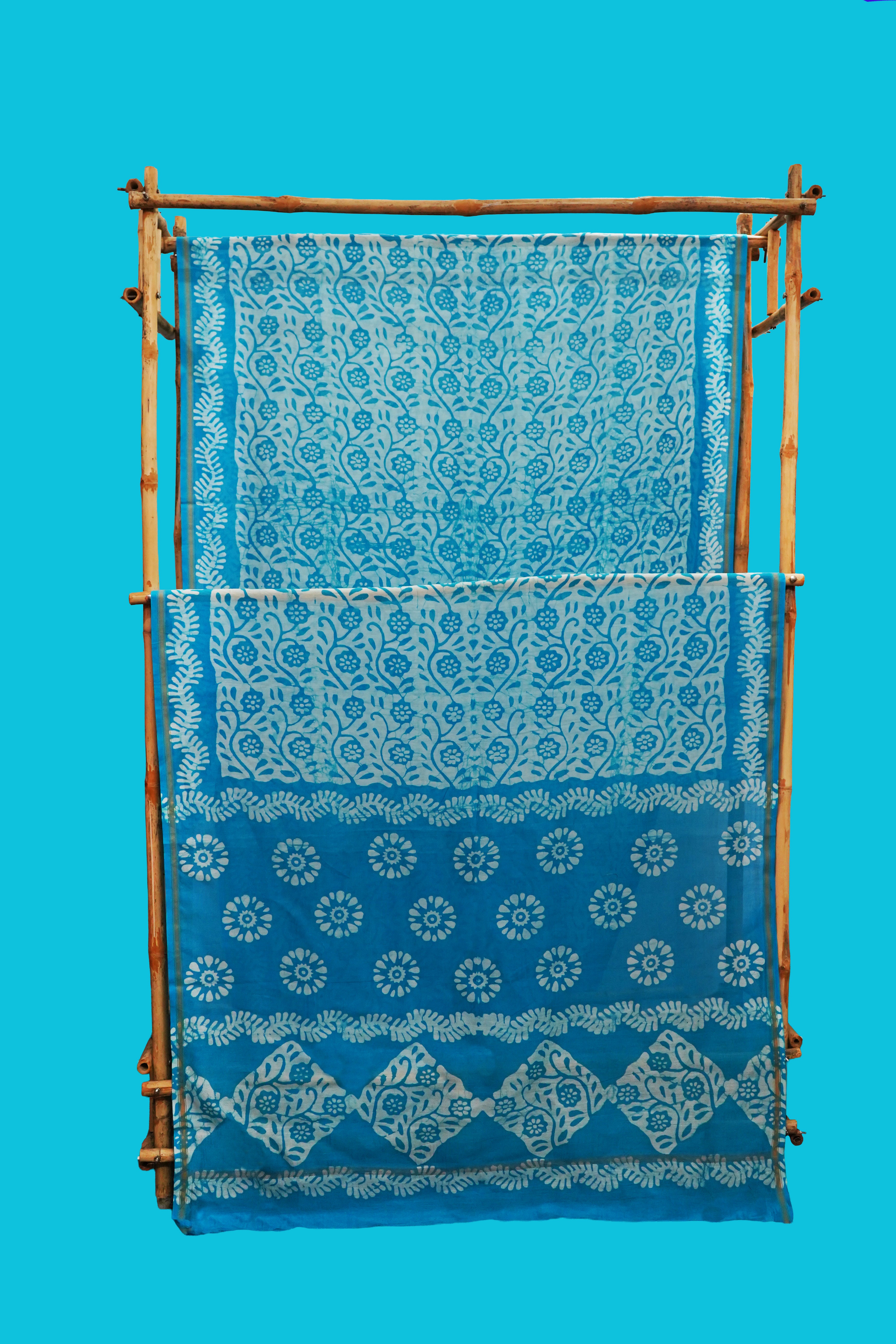 Elegant Sky Blue & White Batik Print Chanderi Cotton Silk Saree with Blouse Piece (