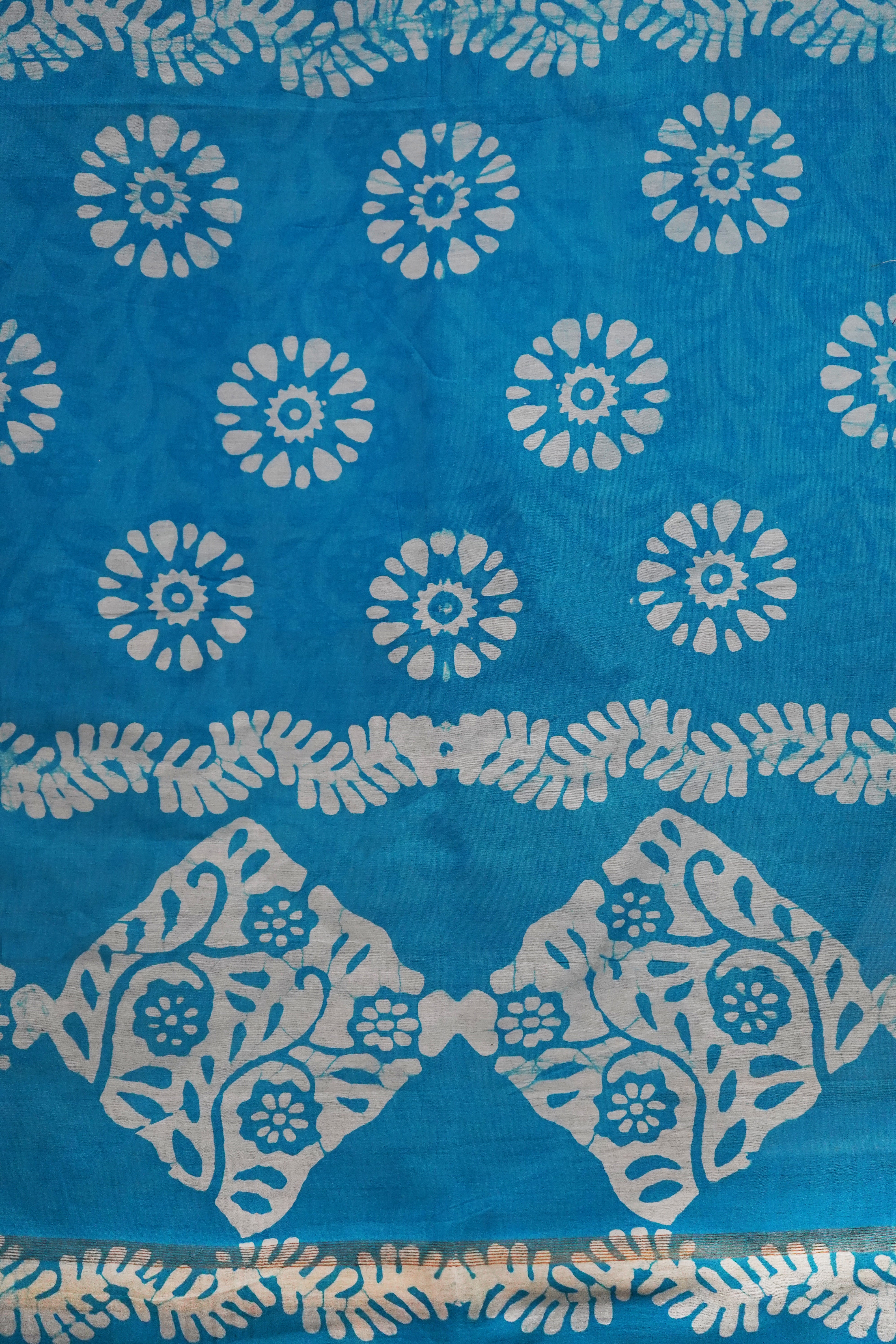 Elegant Sky Blue & White Batik Print Chanderi Cotton Silk Saree with Blouse Piece (
