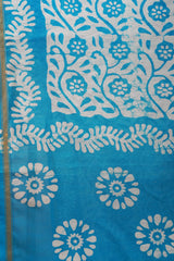 Elegant Sky Blue & White Batik Print Chanderi Cotton Silk Saree with Blouse Piece (