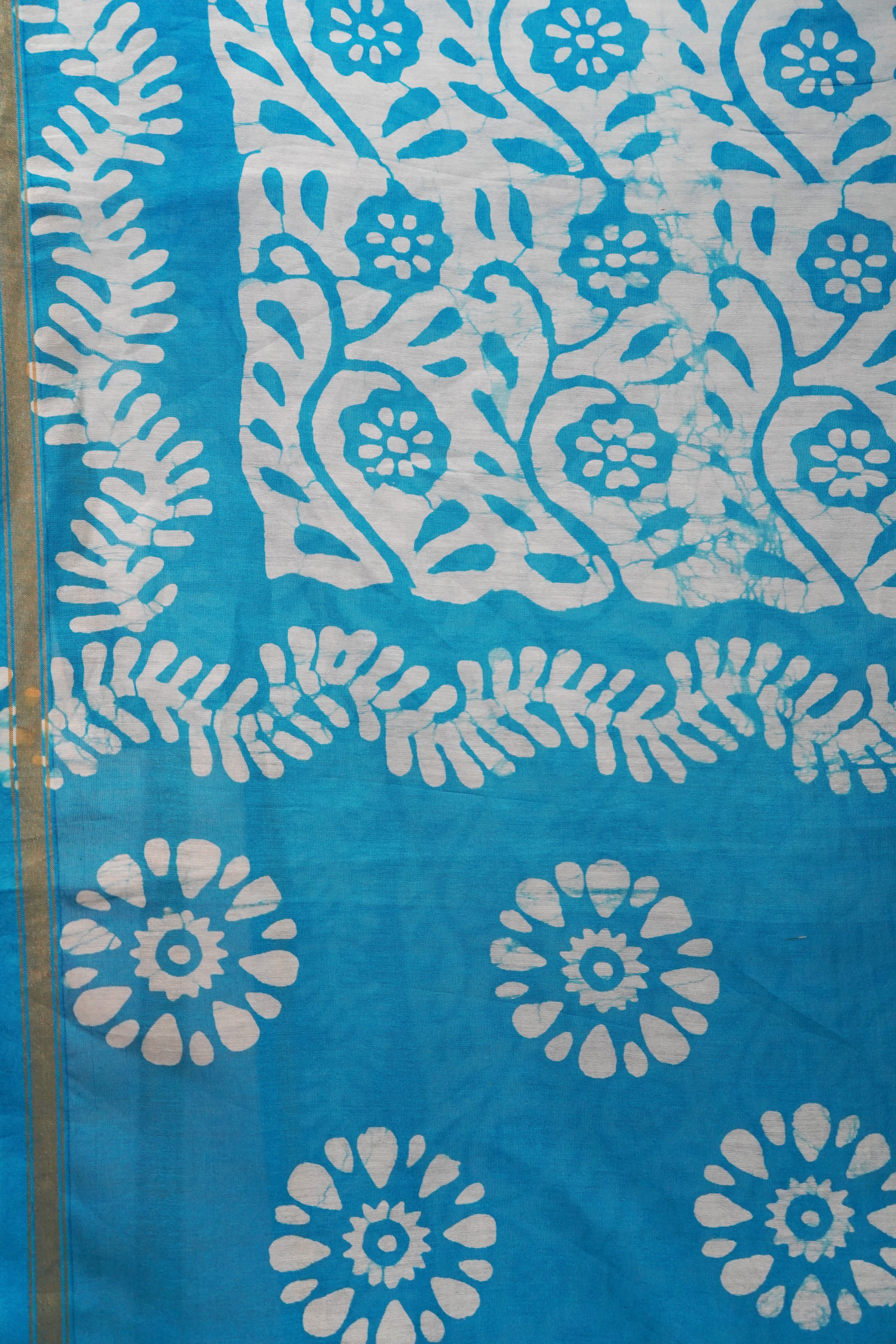 Elegant Sky Blue & White Batik Print Chanderi Cotton Silk Saree with Blouse Piece (