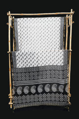 Black & White Chanderi Cotton Silk Artistic Bird Pattern Block Print Saree with Blouse Piece