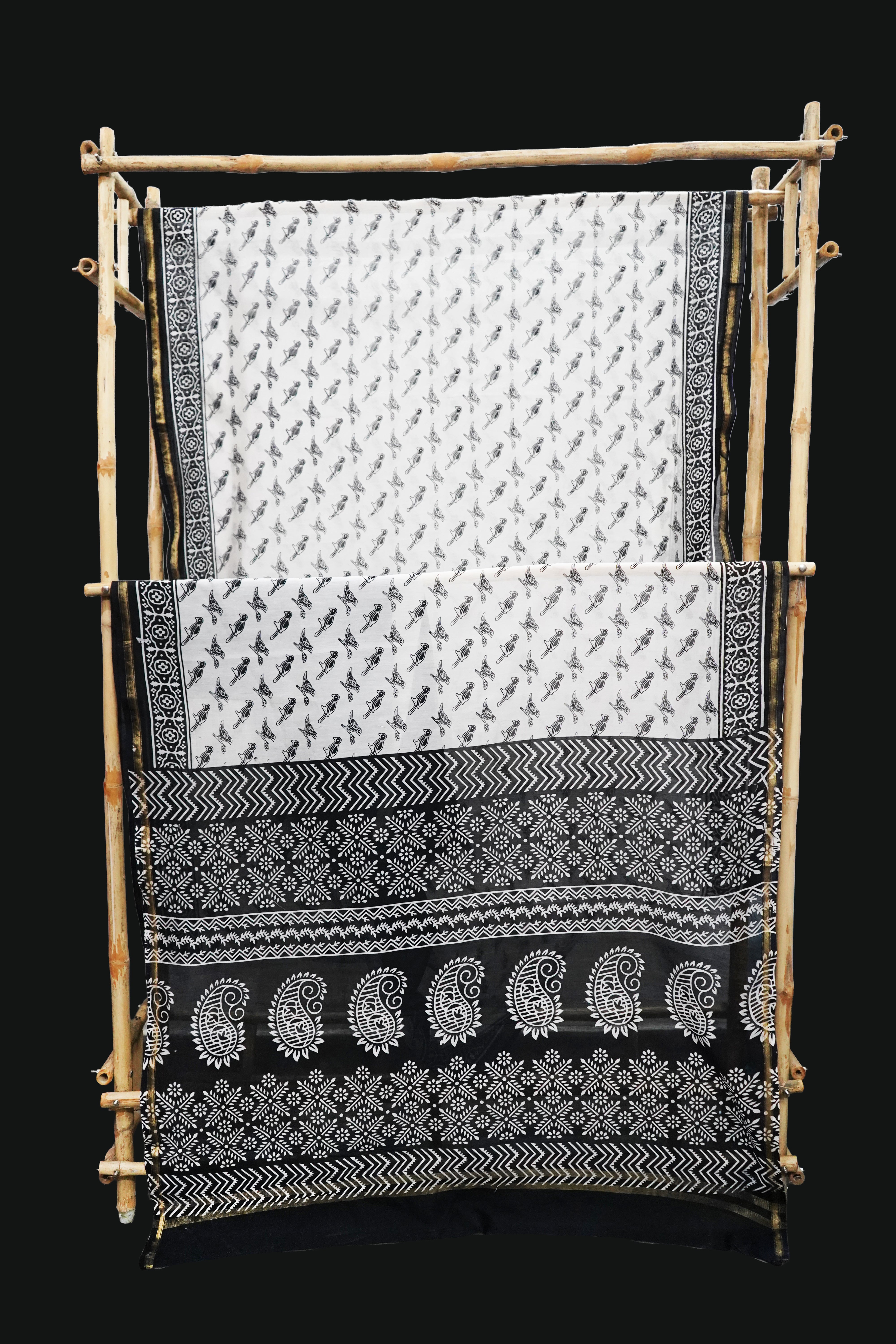 Black & White Chanderi Cotton Silk Artistic Bird Pattern Block Print Saree with Blouse Piece