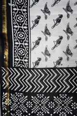 Black & White Chanderi Cotton Silk Artistic Bird Pattern Block Print Saree with Blouse Piece