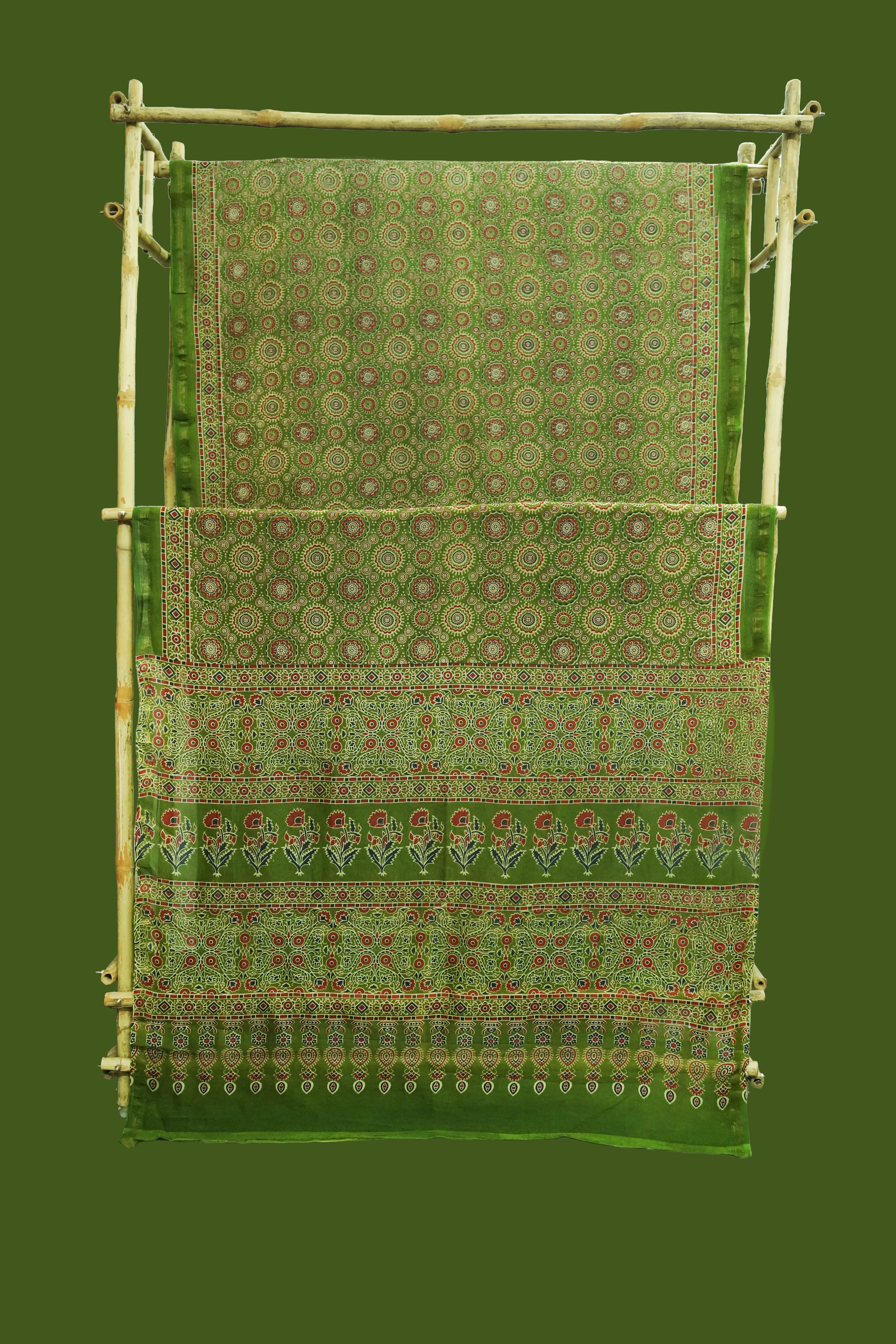 Dark Green Cotton Silk Chanderi Saree with Ajrak Print |With Blouse Piece