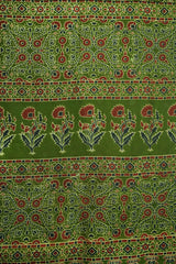 Dark Green Cotton Silk Chanderi Saree with Ajrak Print |With Blouse Piece