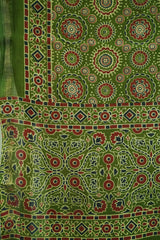 Dark Green Cotton Silk Chanderi Saree with Ajrak Print |With Blouse Piece