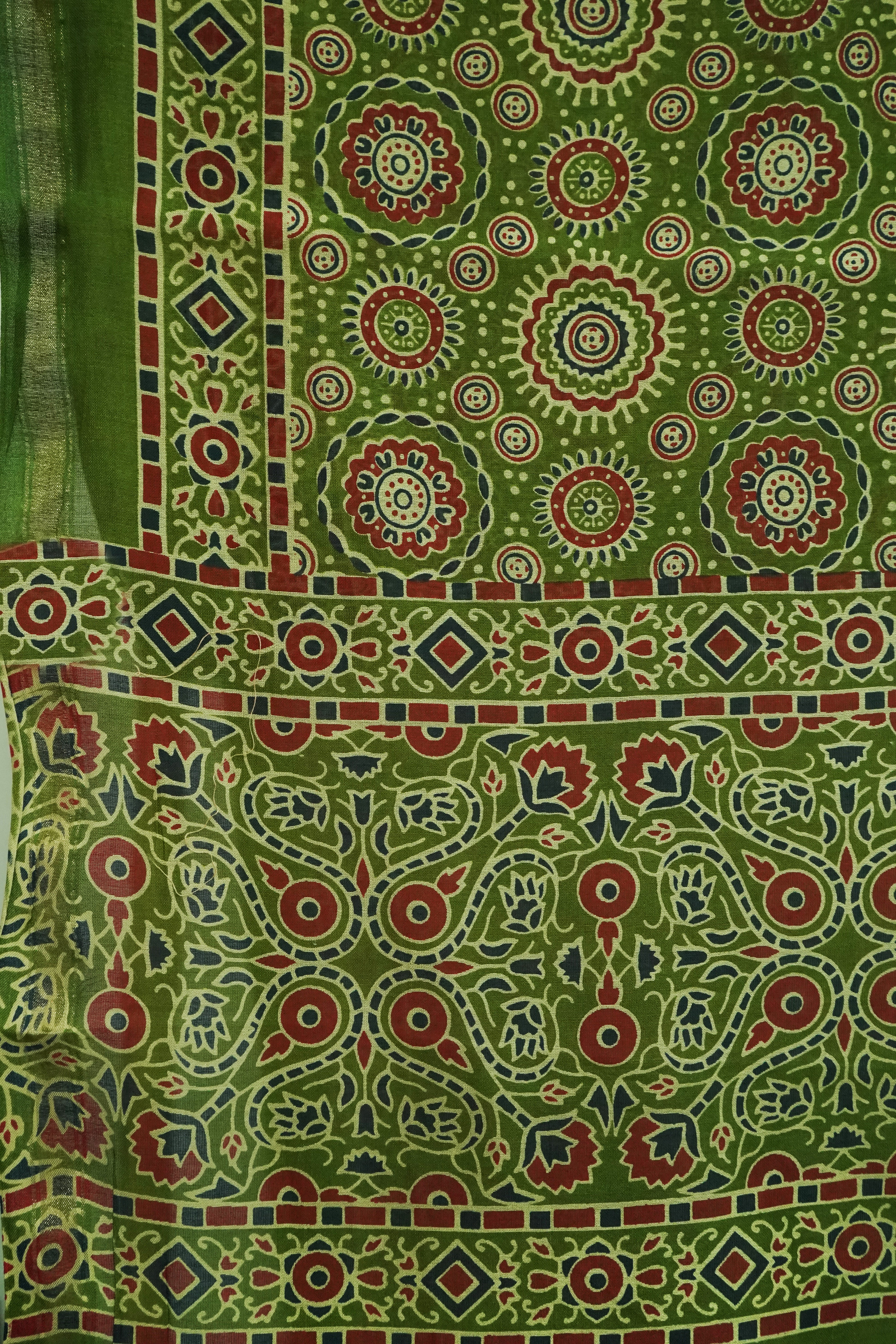 Dark Green Cotton Silk Chanderi Saree with Ajrak Print |With Blouse Piece