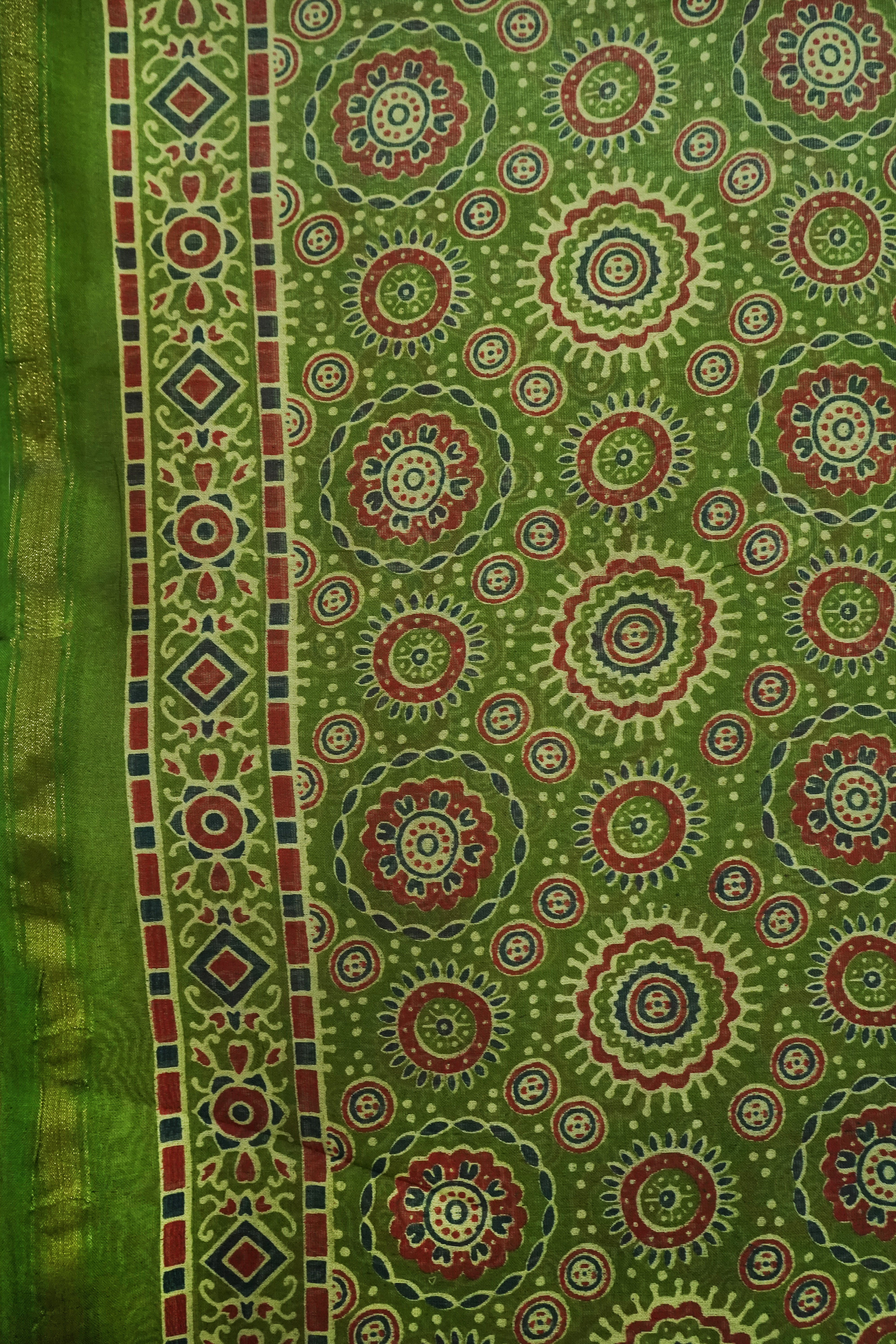 Dark Green Cotton Silk Chanderi Saree with Ajrak Print |With Blouse Piece