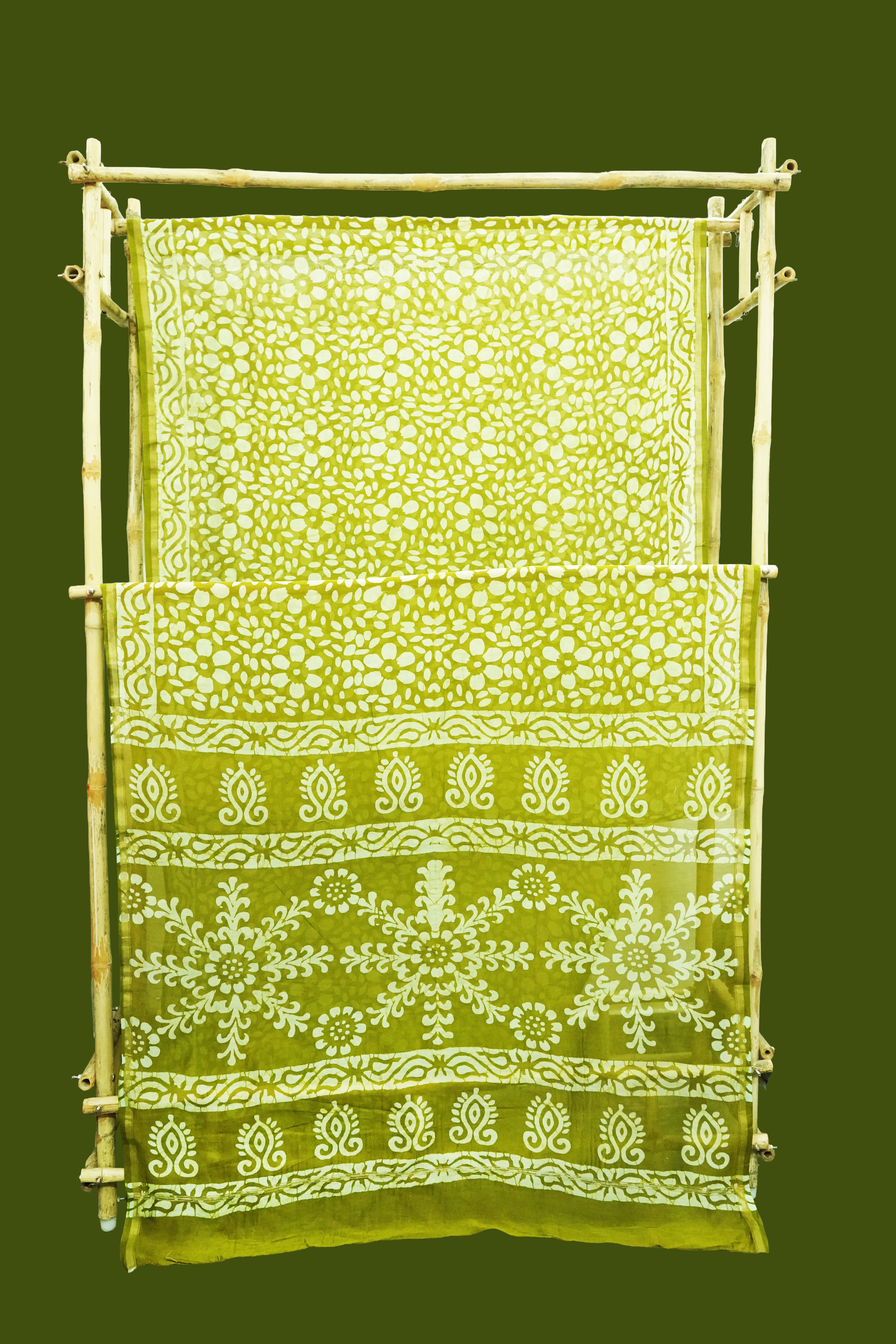 Lime Green Cotton Silk ChanderiSareeDabu Print With Blouse Piece