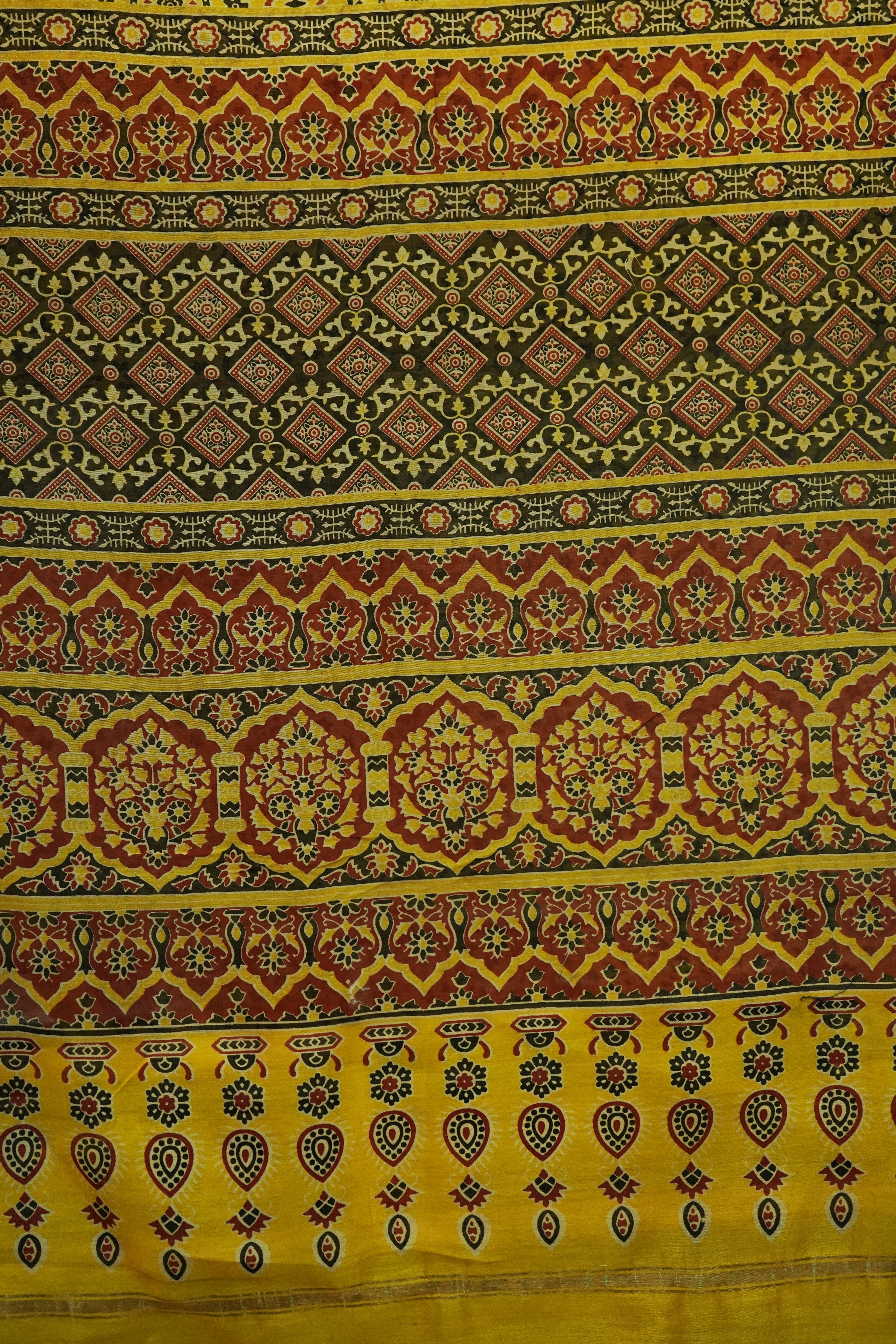 Traditional Mustard Yellow Ajrak Print Chanderi Cotton Silk Saree with Blouse Piece