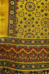 Traditional Mustard Yellow Ajrak Print Chanderi Cotton Silk Saree with Blouse Piece