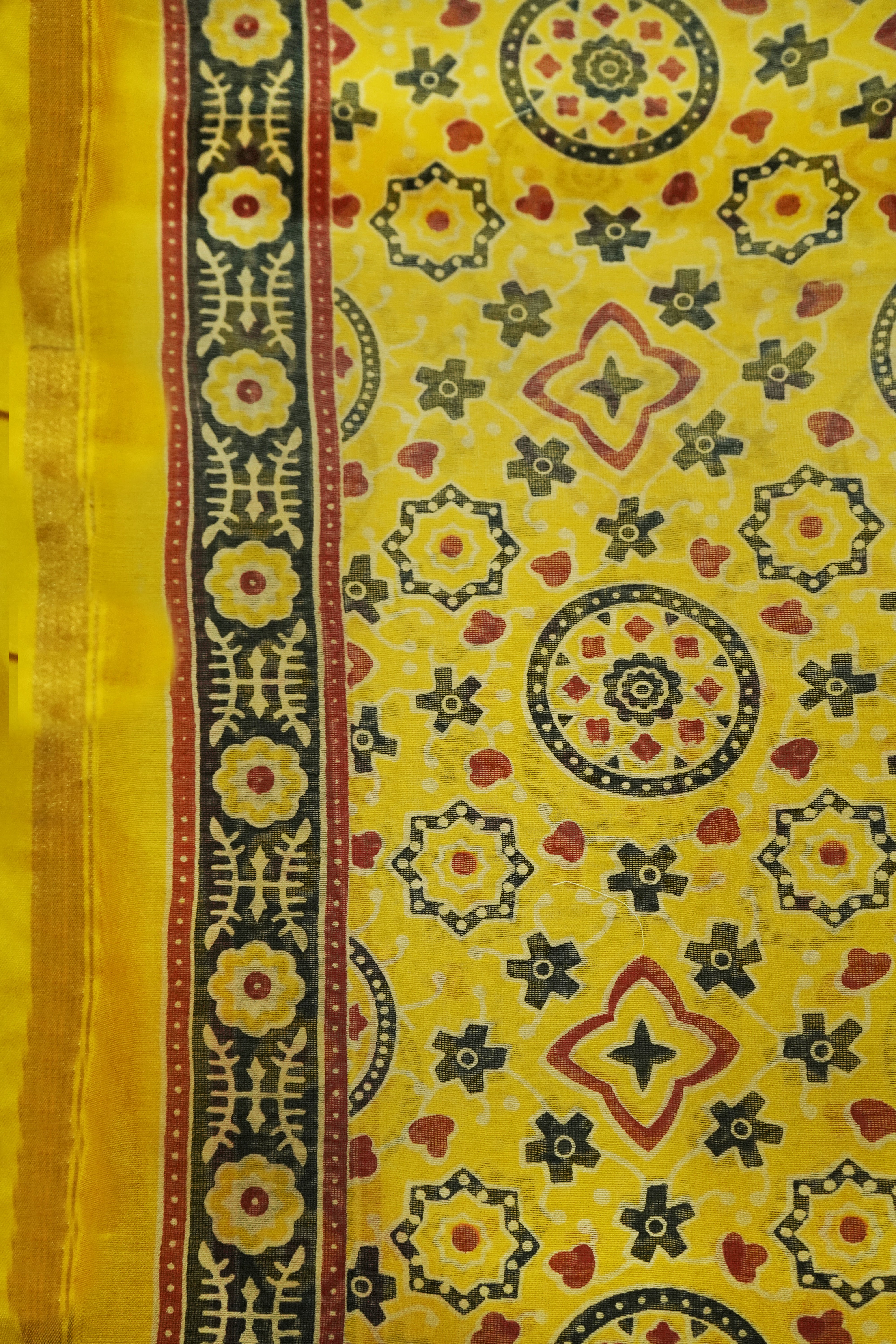 Traditional Mustard Yellow Ajrak Print Chanderi Cotton Silk Saree with Blouse Piece