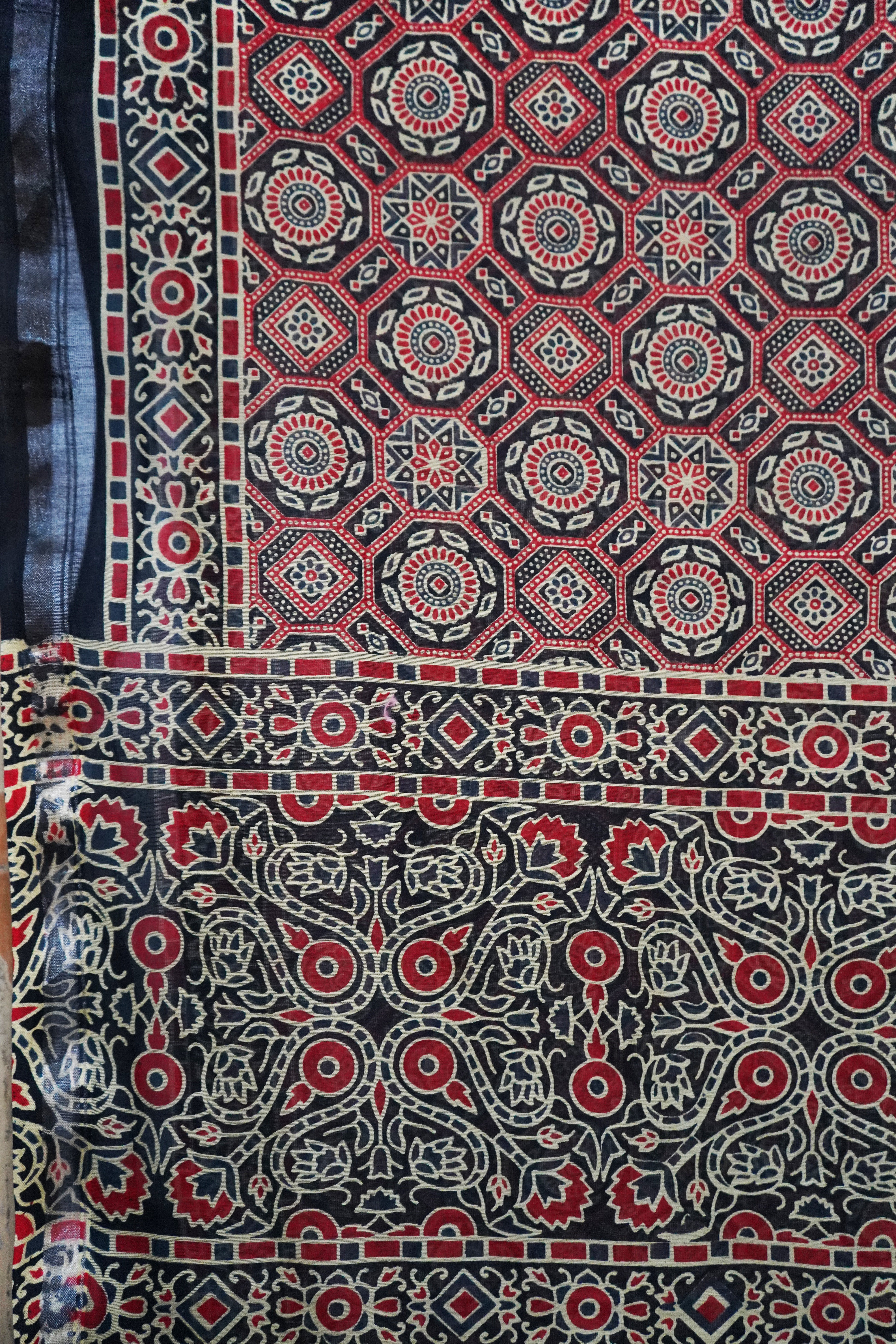 Elegant Cotton Silk Chanderi Saree with Ajrak PrintDesign | with Blouse Piece