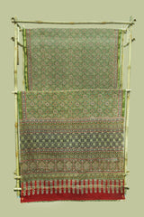 Rust Red & Olive Green Cotton Silk Chanderi Saree with Ajrak Print
